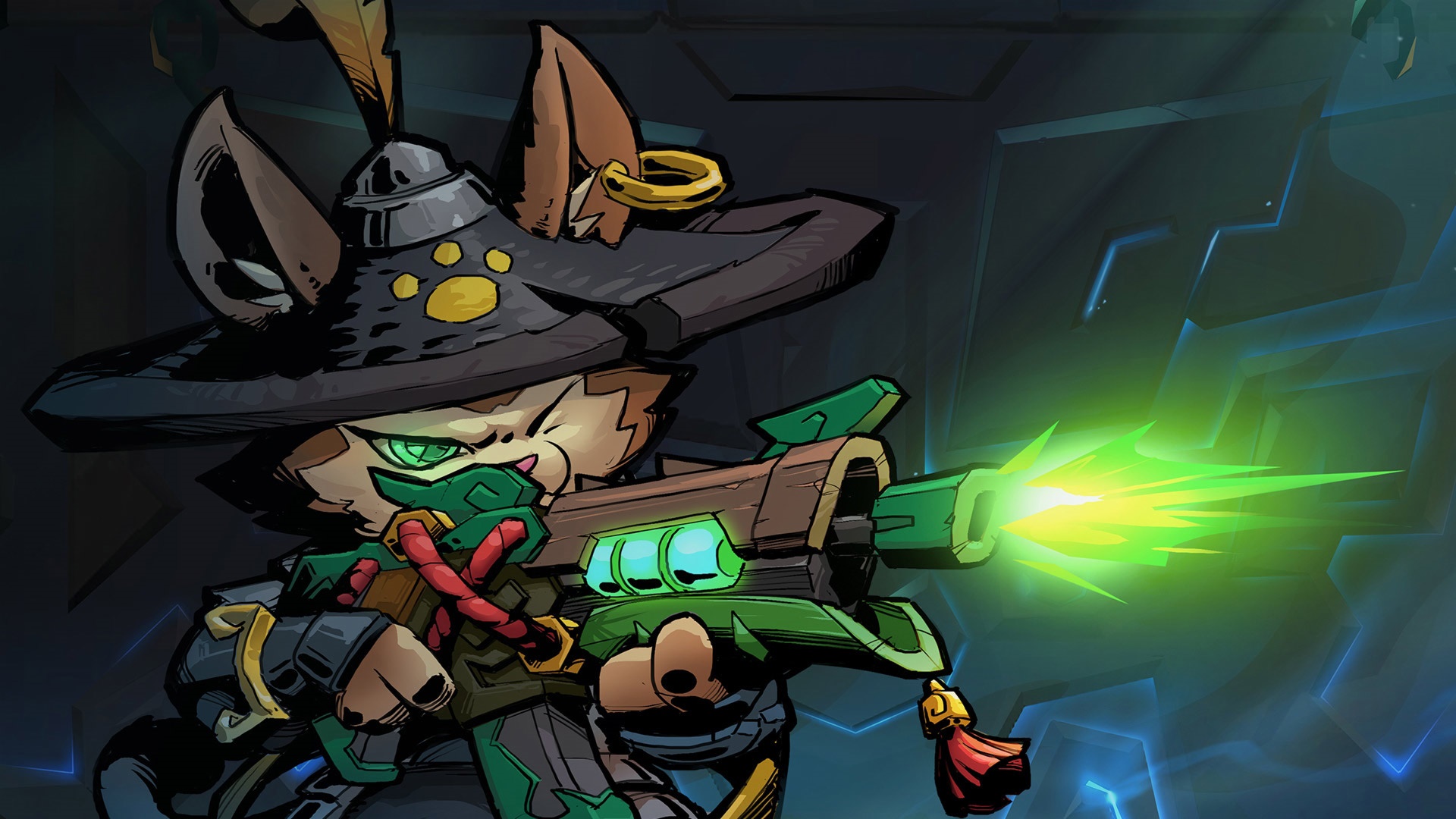 A cat-like character from Gunfire Reborn firing a gun HD Wallpaper