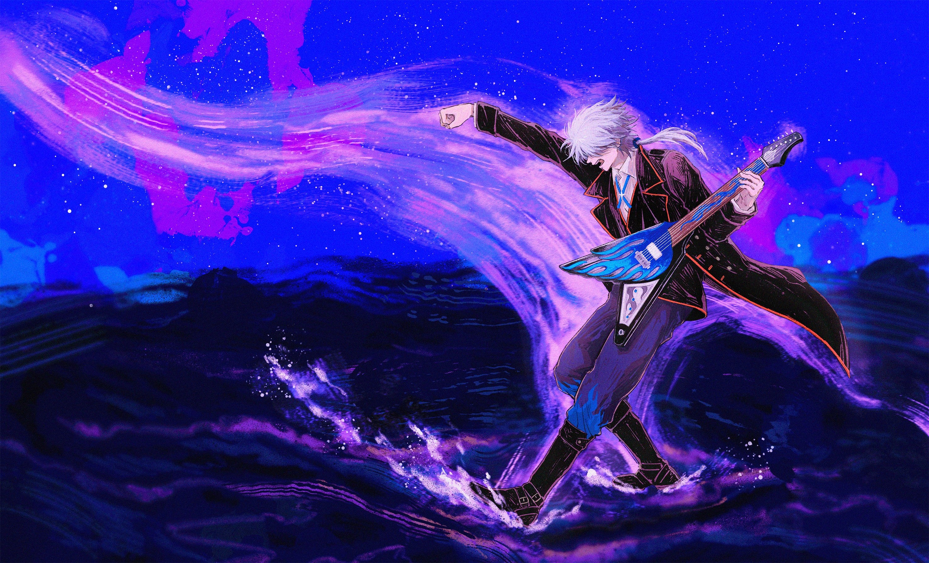 Noël from Sound Horizon playing a blue electric guitar HD Wallpaper