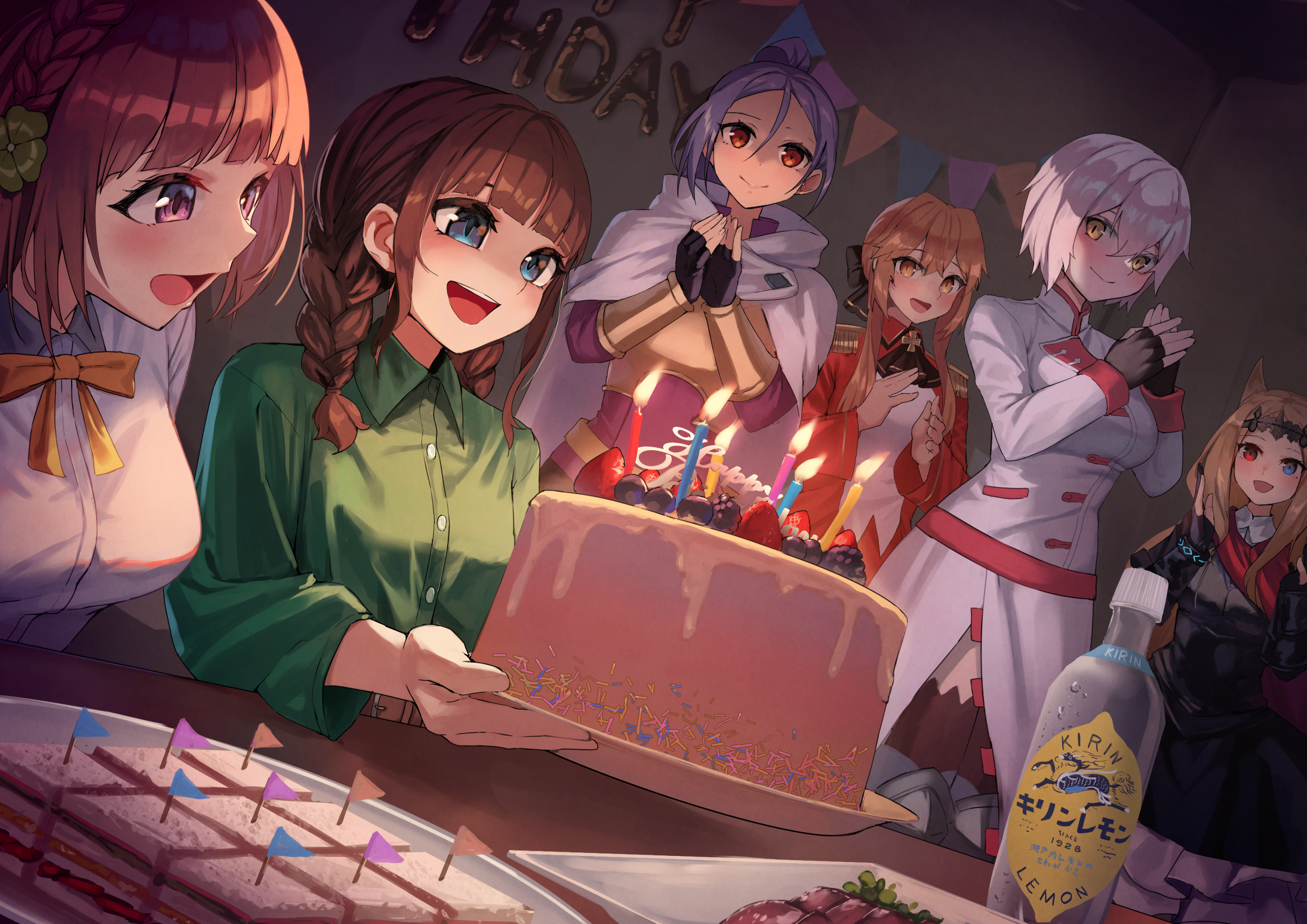 Anime girls celebrating a birthday with cake and drinks HD Wallpaper