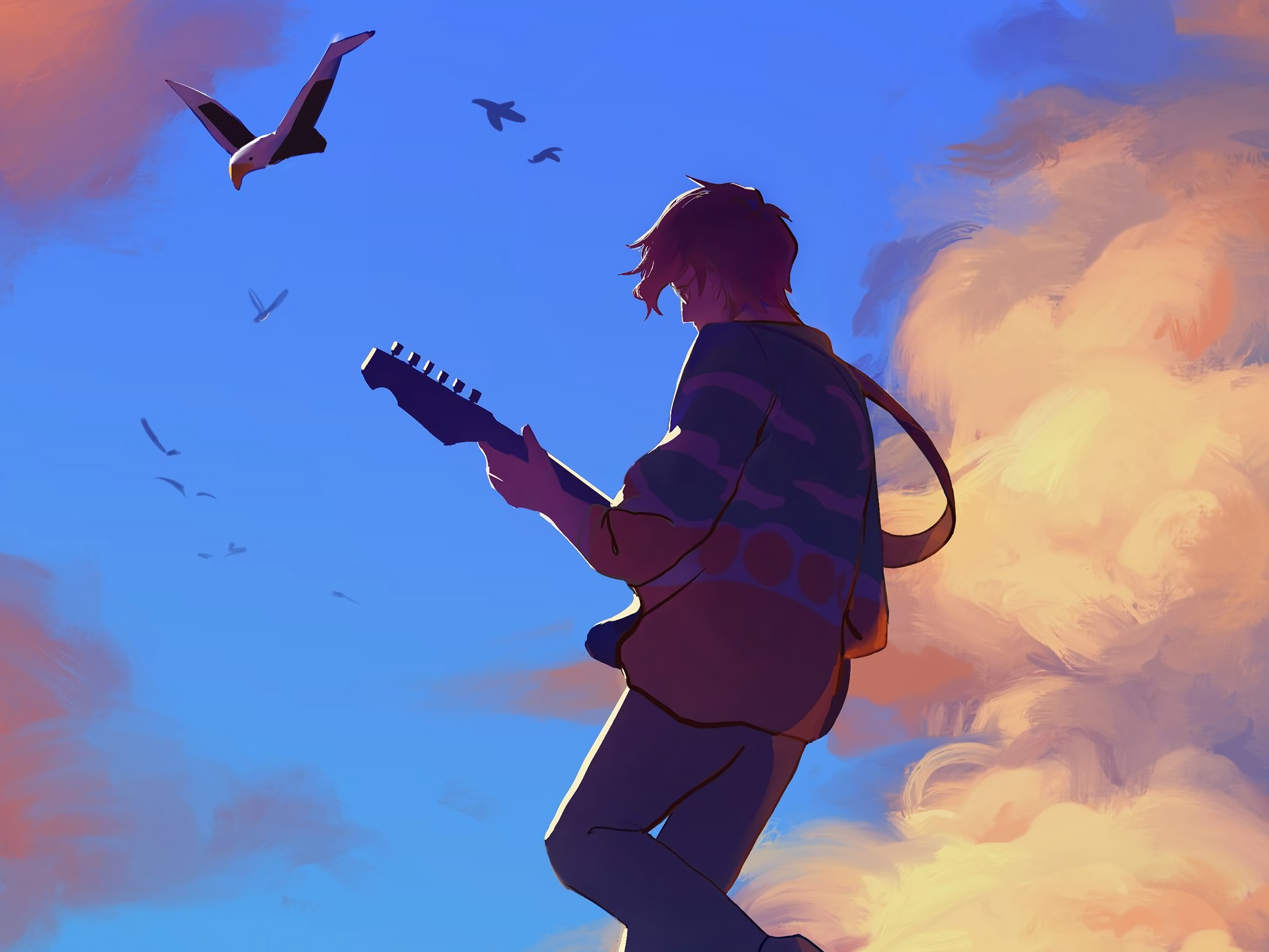Wilbur Soot playing guitar with birds and clouds HD Wallpaper