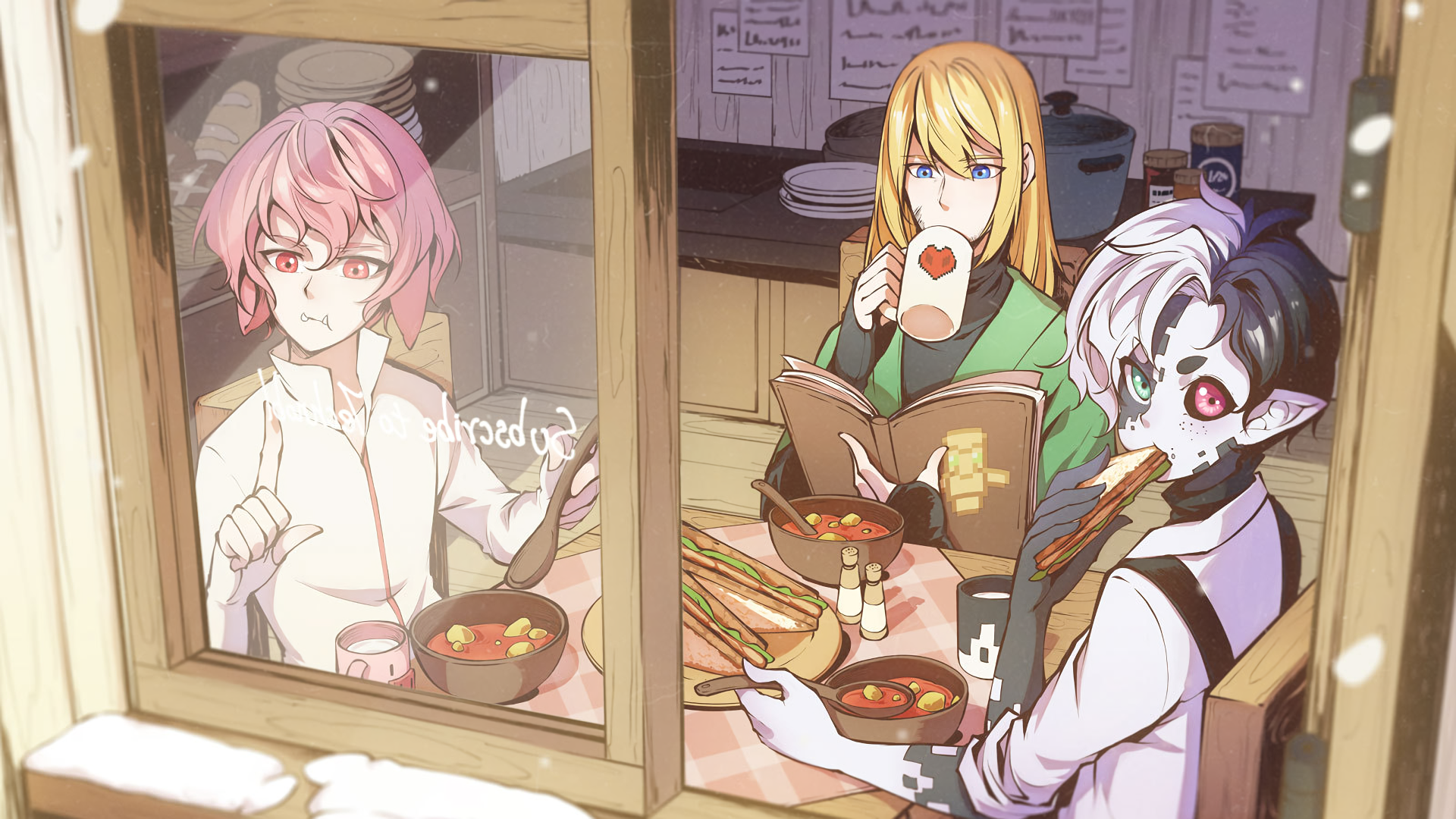 Characters eating in a cafe during winter HD Wallpaper