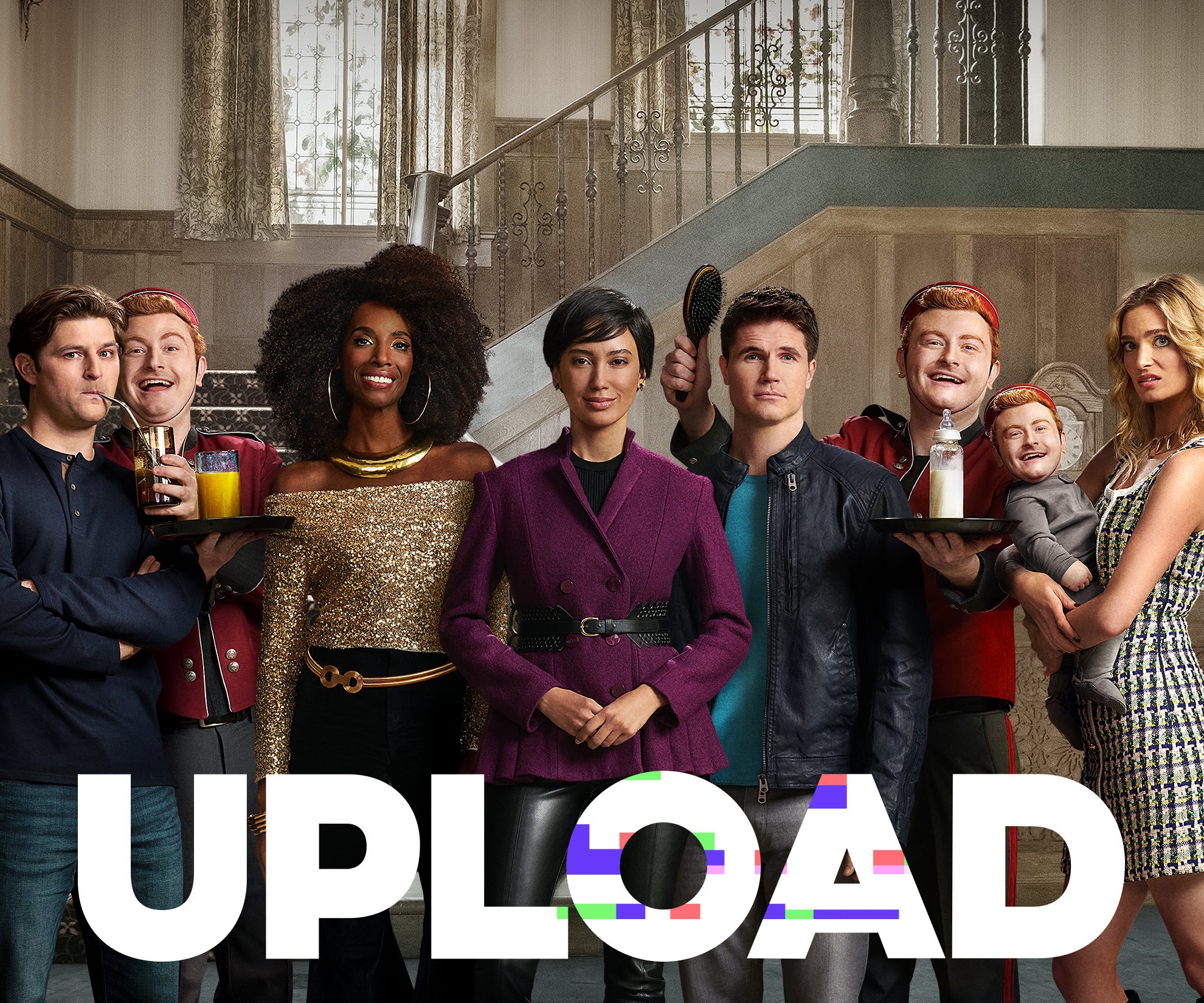 Upload cast posing in front of a staircase HD Wallpaper