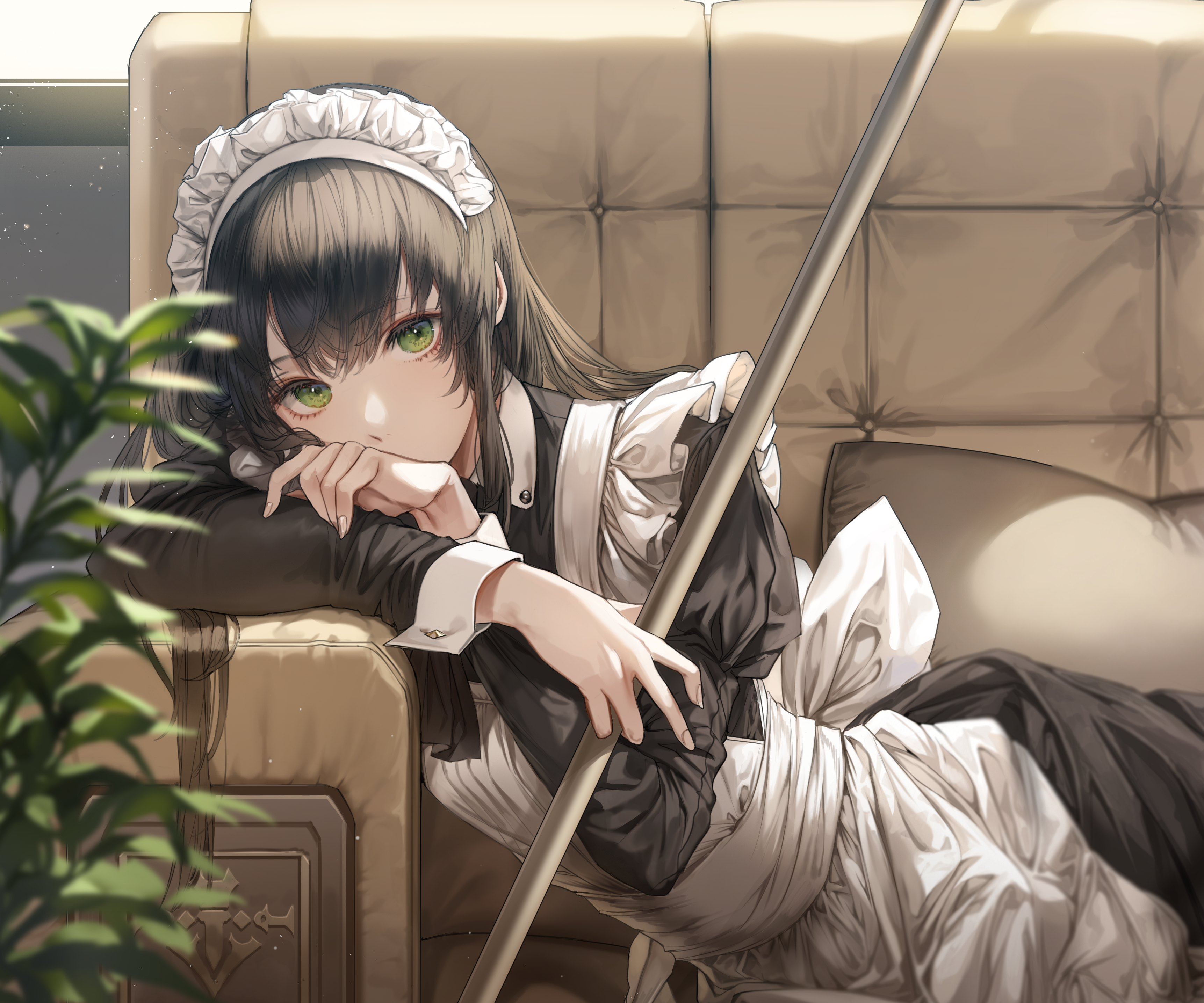 Girl in Maid Outfit Leaning on Couch HD Wallpaper
