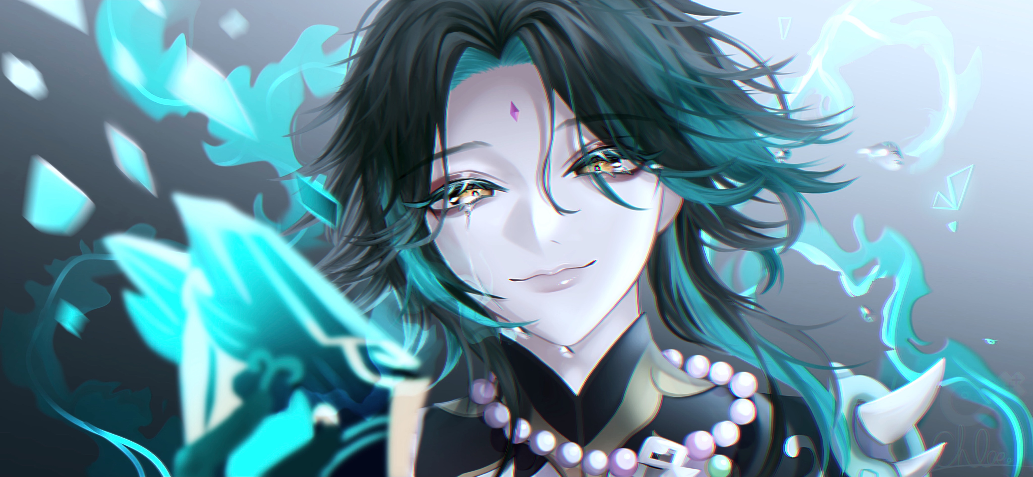 Xiao from Genshin Impact with teal energy HD Wallpaper