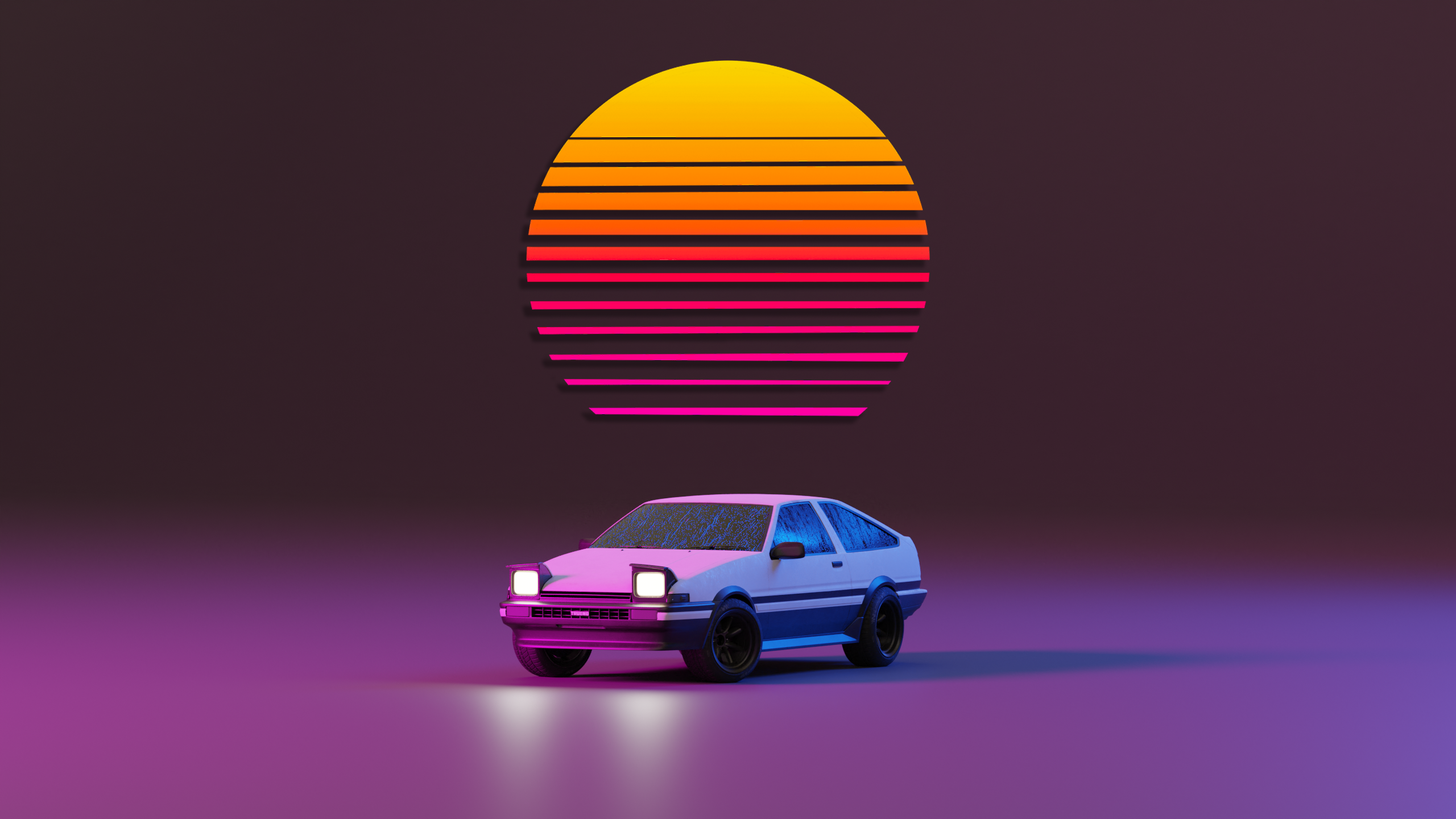 Retro car under a stylized sunset HD Wallpaper