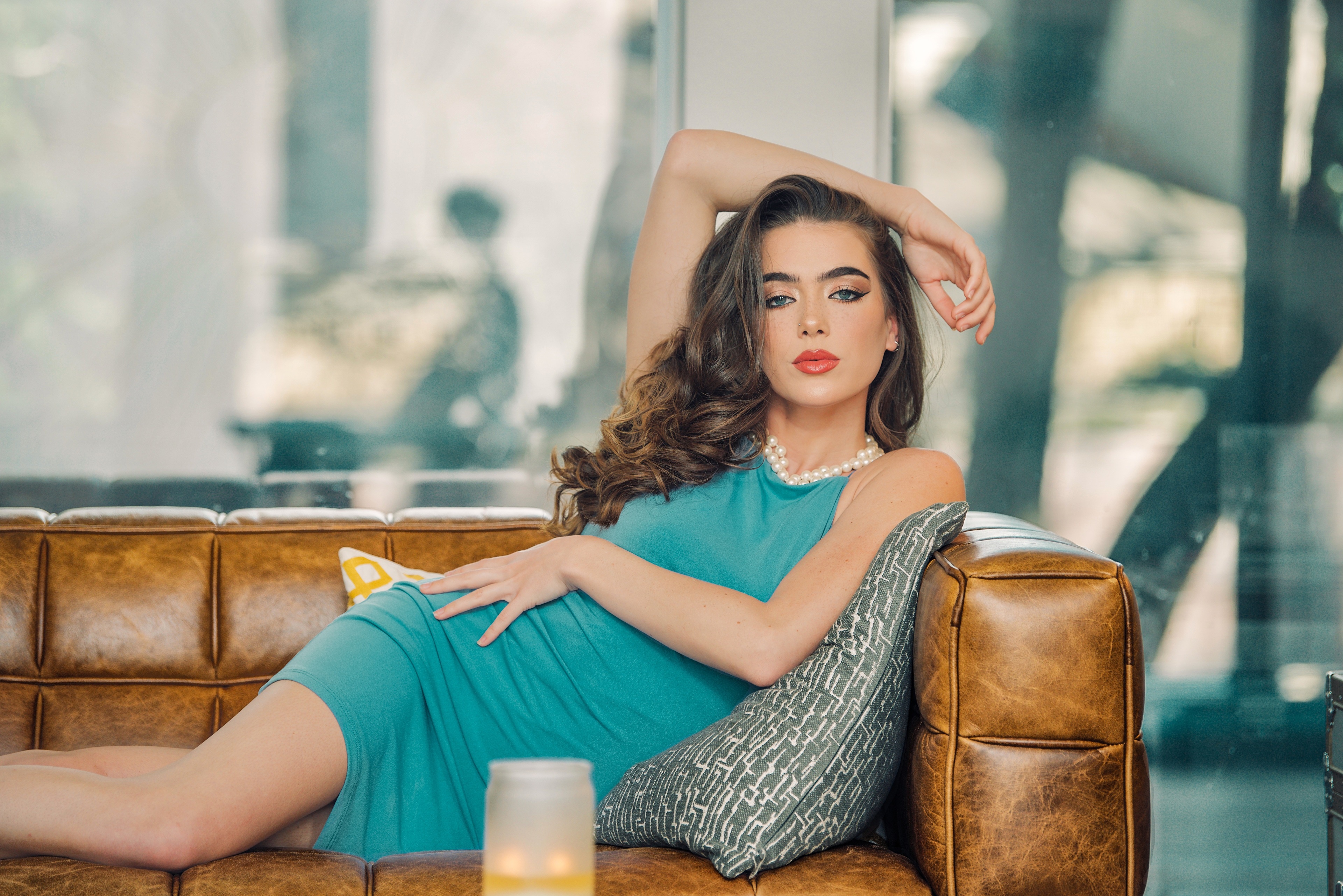 Brunette Model in Blue Dress HD Wallpaper