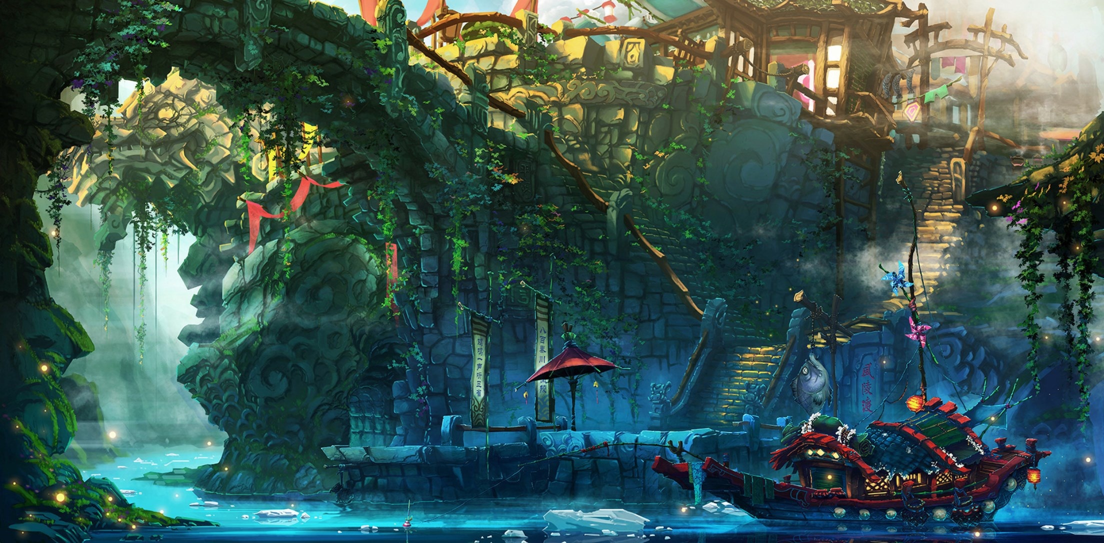 Fantasy Ship on a River with Ancient Structures HD Wallpaper