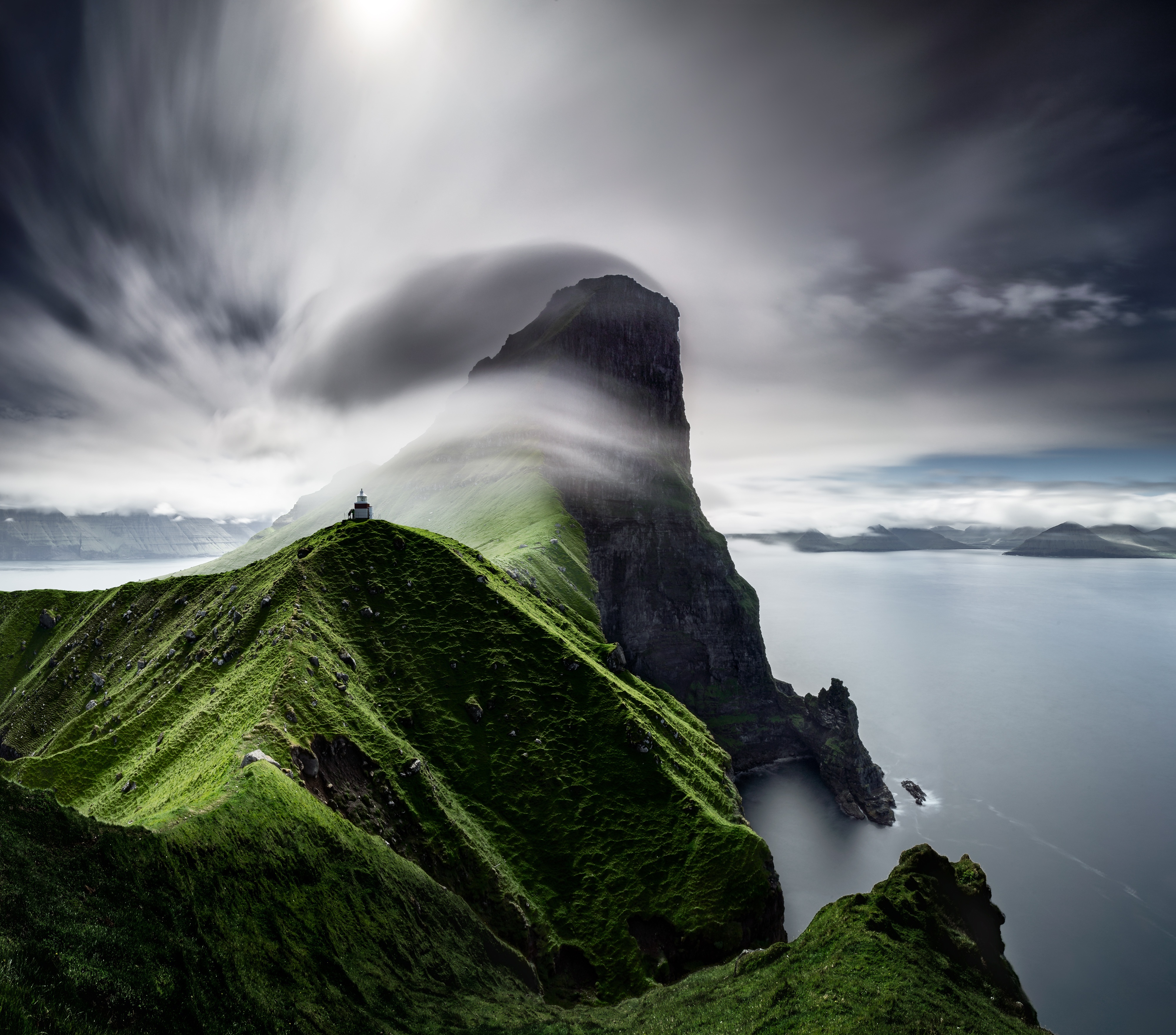 Lighthouse on a grassy cliff in the Faroe Islands HD Wallpaper