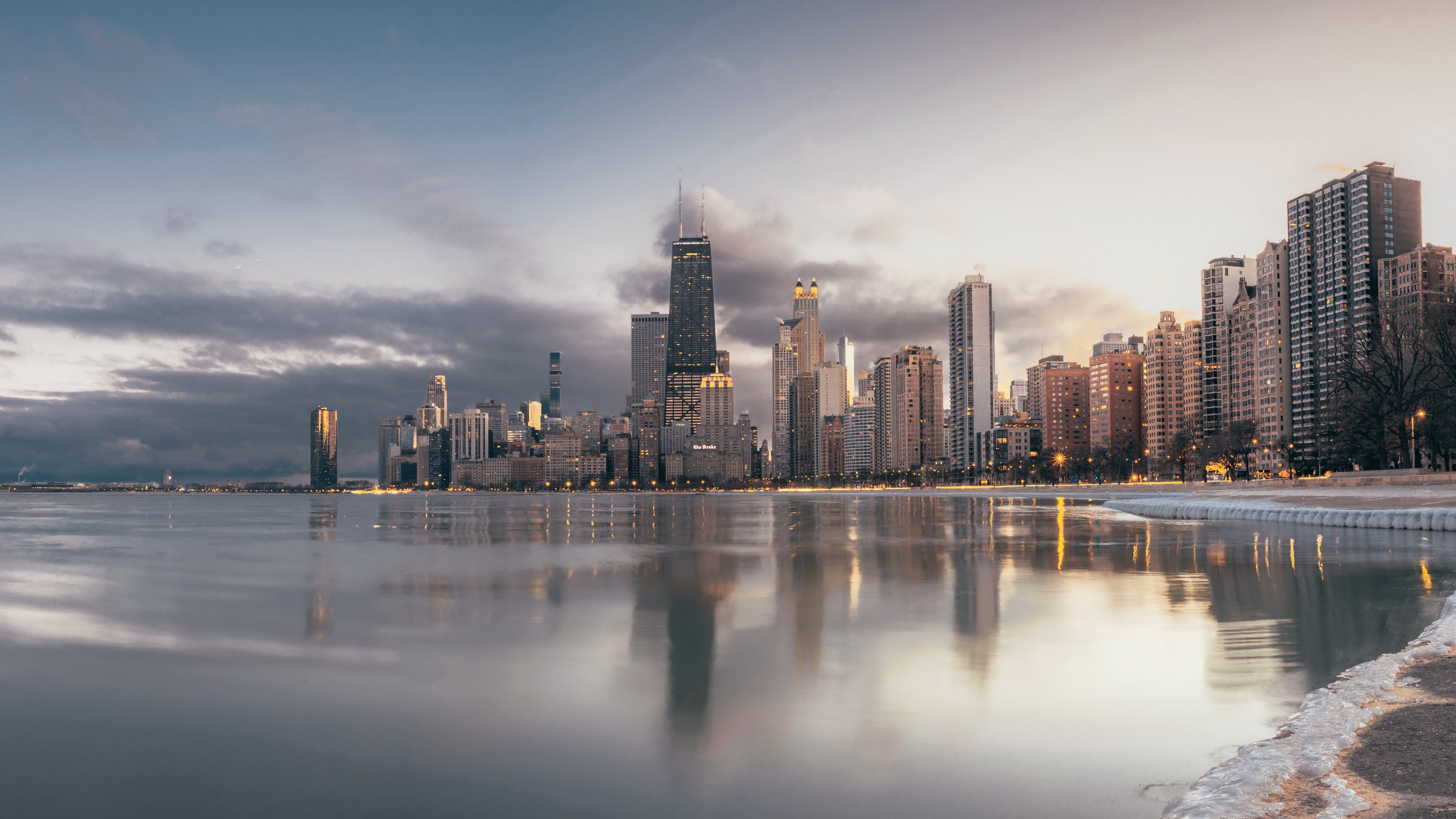 Chicago Skyline Over Frozen Lake Michigan HD Wallpaper