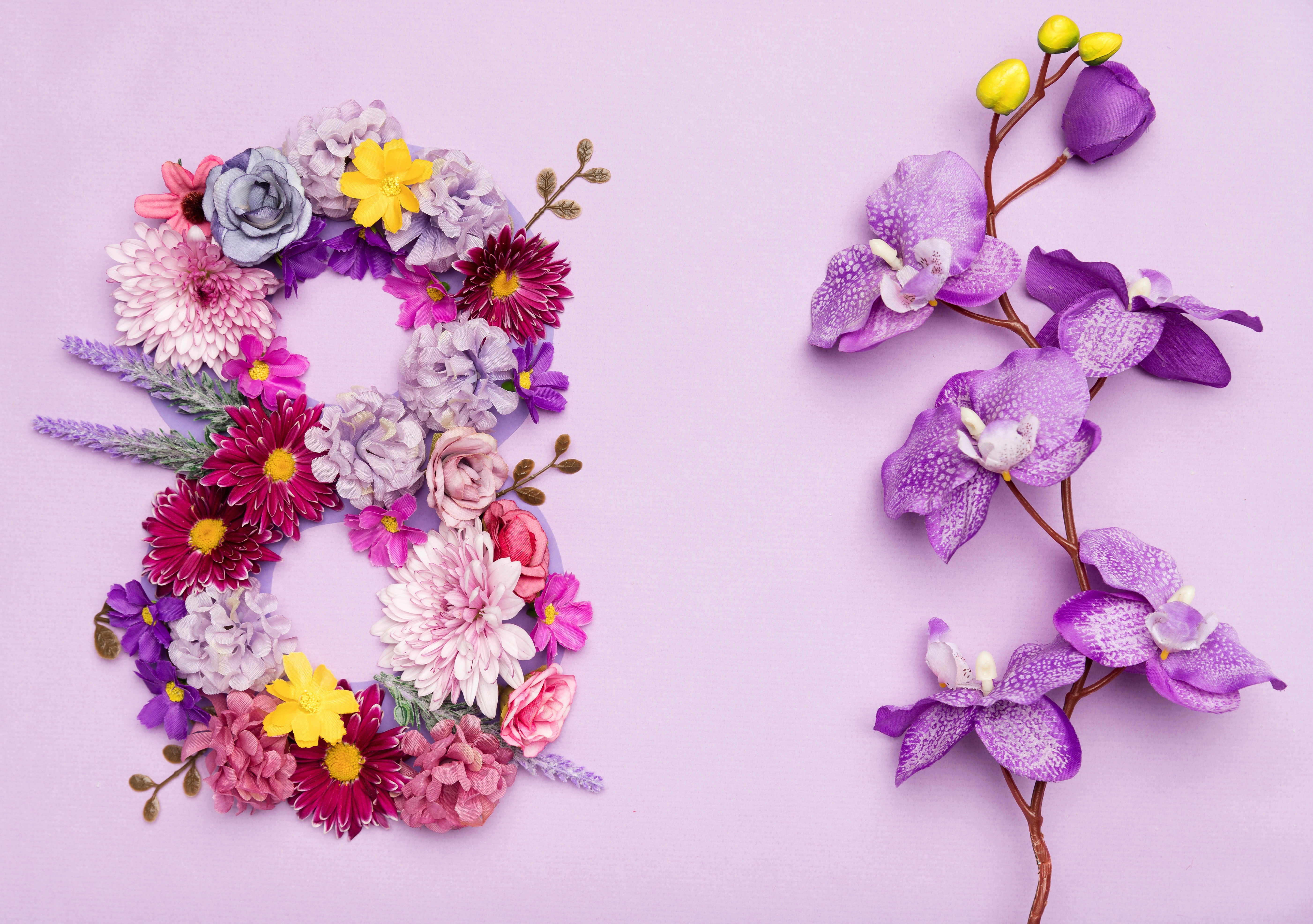 Number 8 made of flowers and purple orchids HD Wallpaper