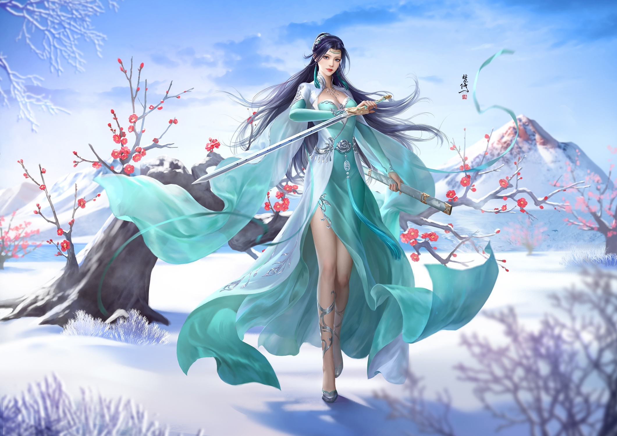 Fantasy Woman Warrior with Sword in Winter HD Wallpaper