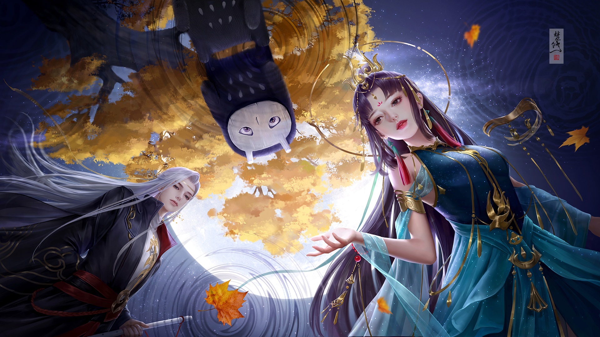 Fantasy characters with a tree and moon HD Wallpaper