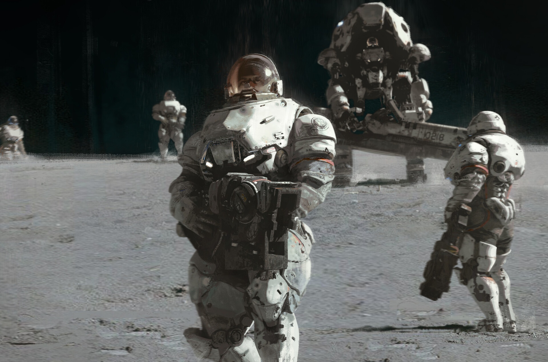 Futuristic astronauts on a desolate planet HD Wallpaper