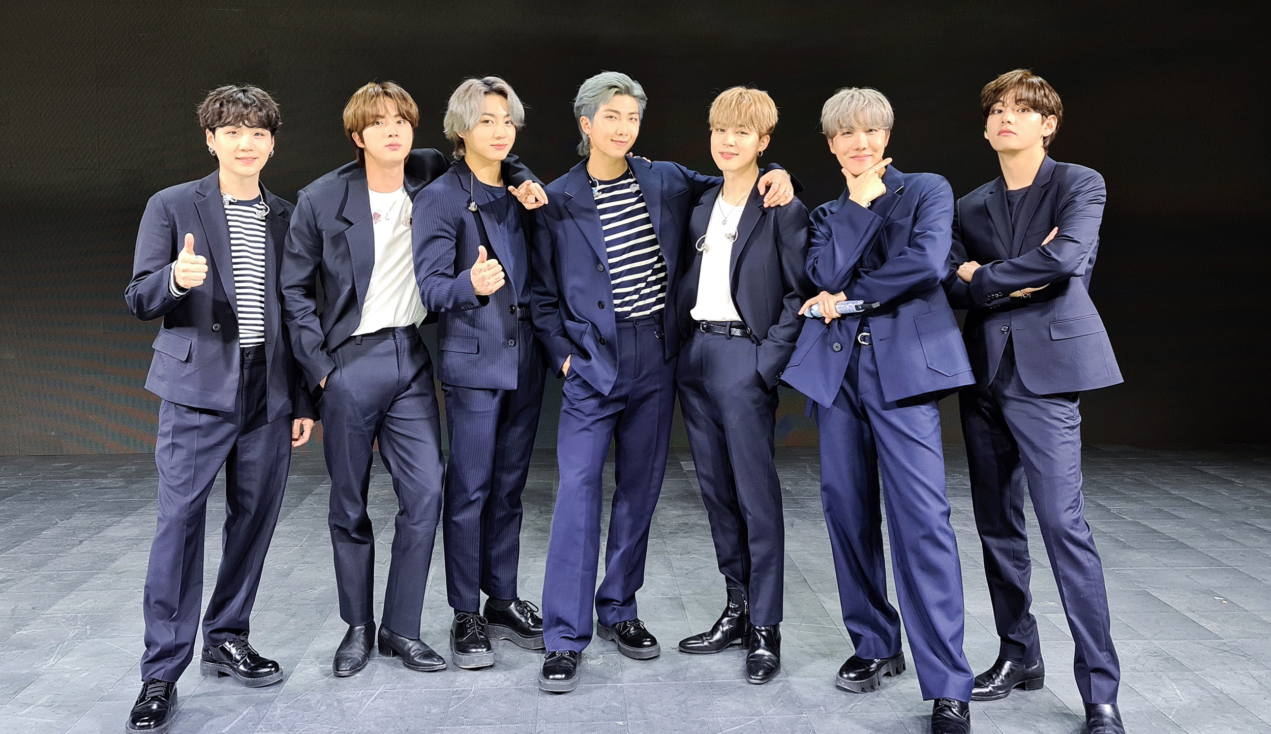 BTS members in navy suits HD Wallpaper