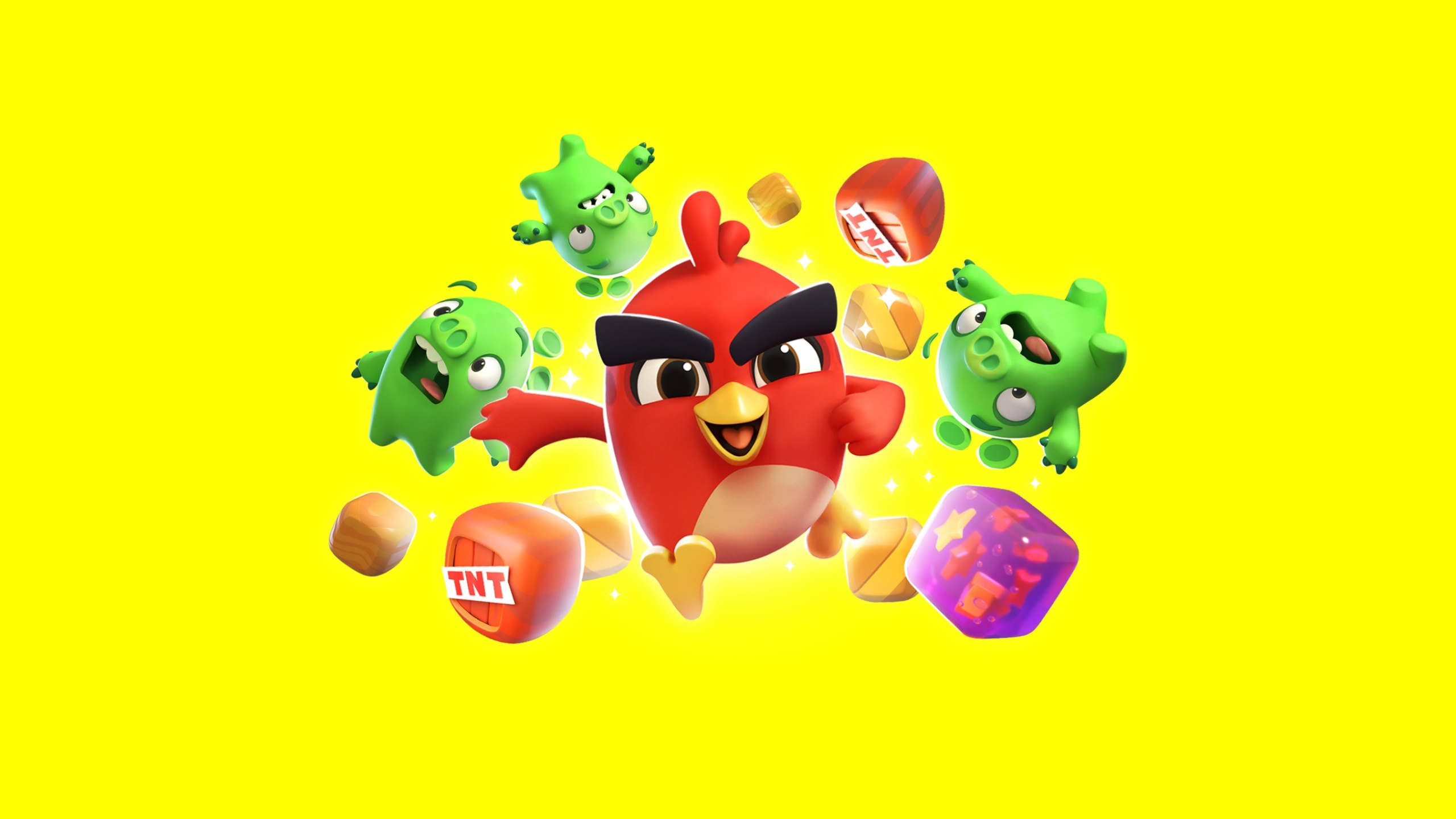 Red from Angry Birds with pigs and game items HD Wallpaper