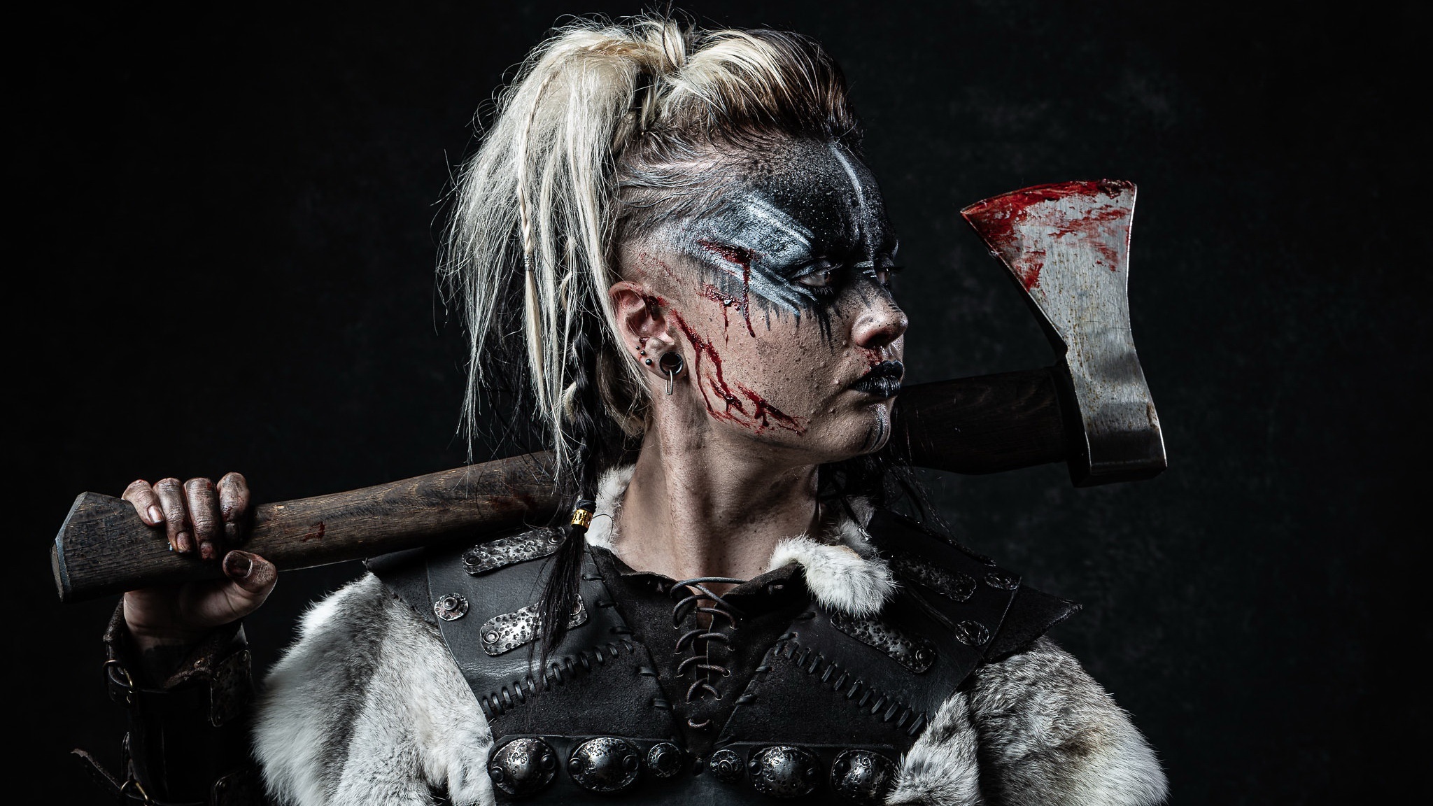 Viking woman with bloody axe HD Wallpaper