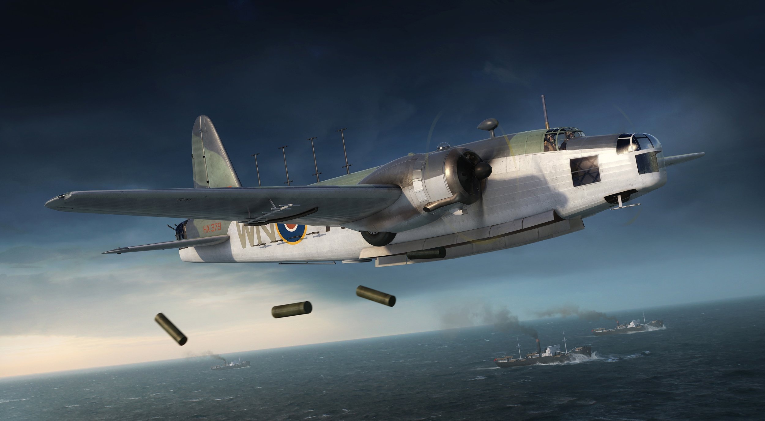 Vickers Wellington bomber dropping bombs on ships HD Wallpaper