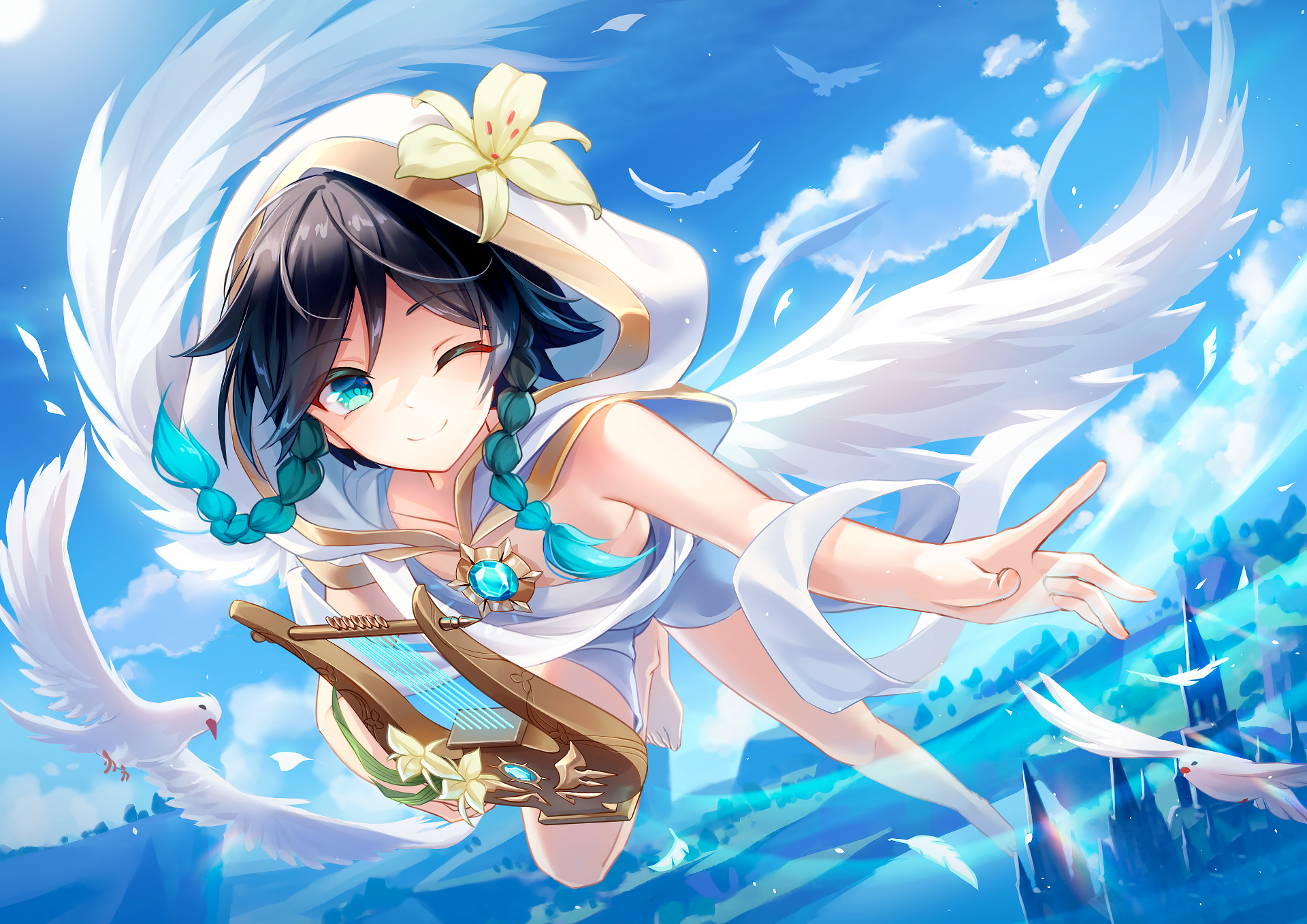 Venti from Genshin Impact with wings and lyre HD Wallpaper