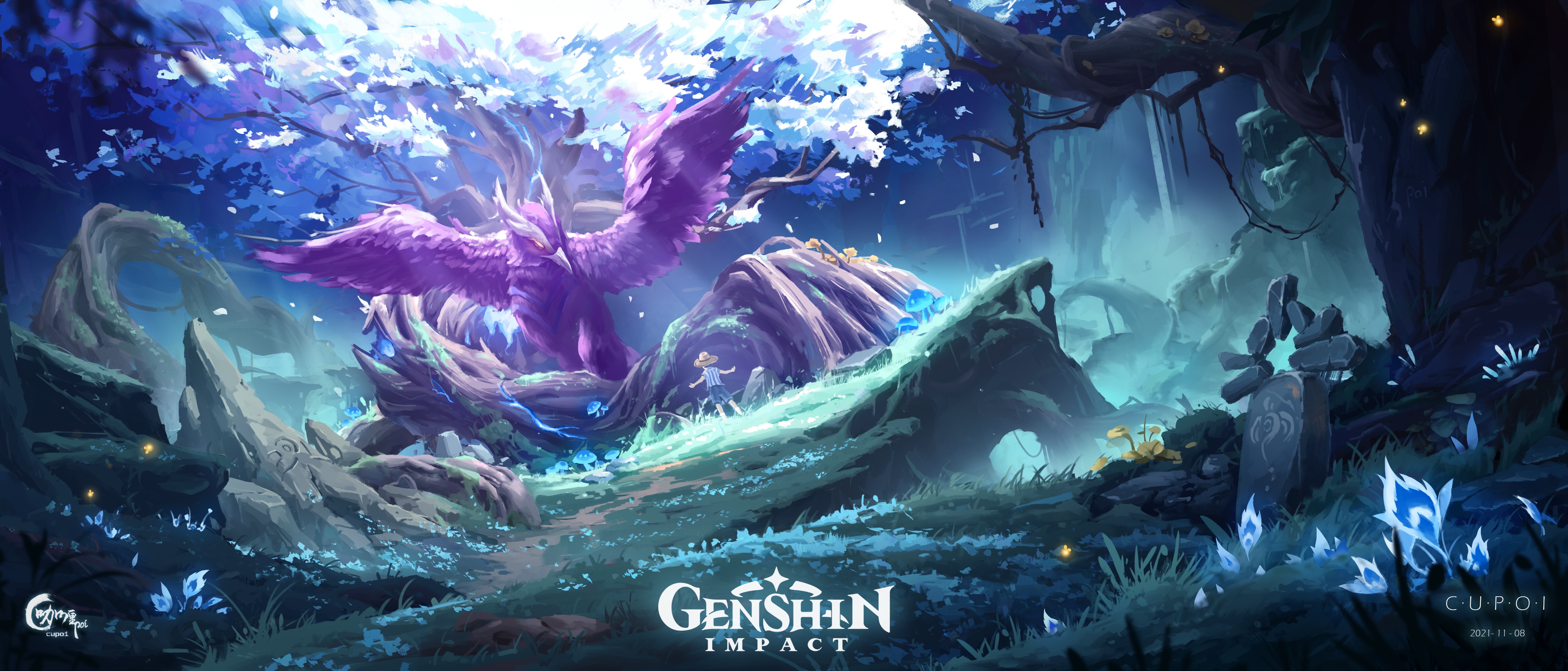 Genshin Impact: A mystical forest with a purple bird-like creature HD Wallpaper