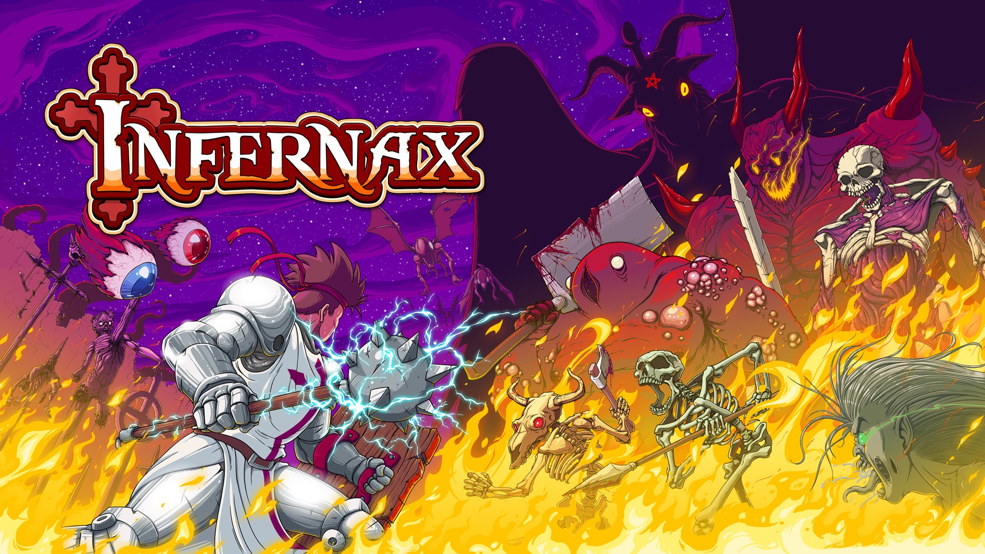 Infernax game cover art with knight and monsters HD Wallpaper