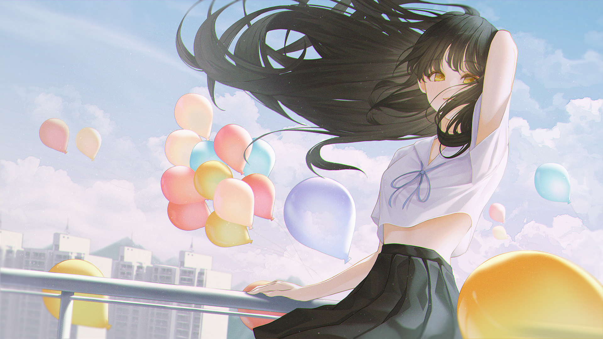 Girl with Black Hair and Balloons HD Wallpaper