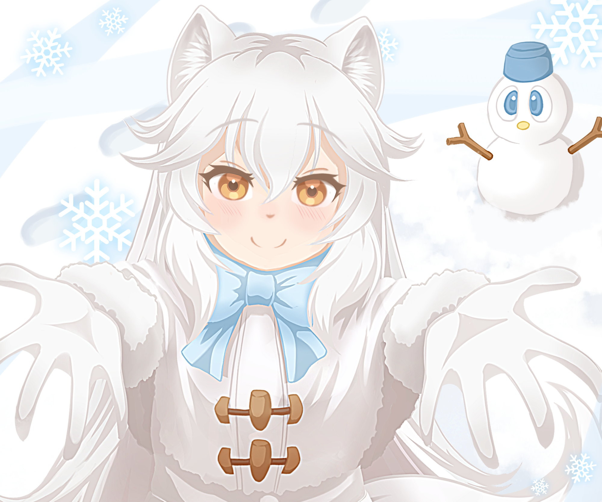 Arctic Fox from Kemono Friends taking a selfie with a snowman HD Wallpaper