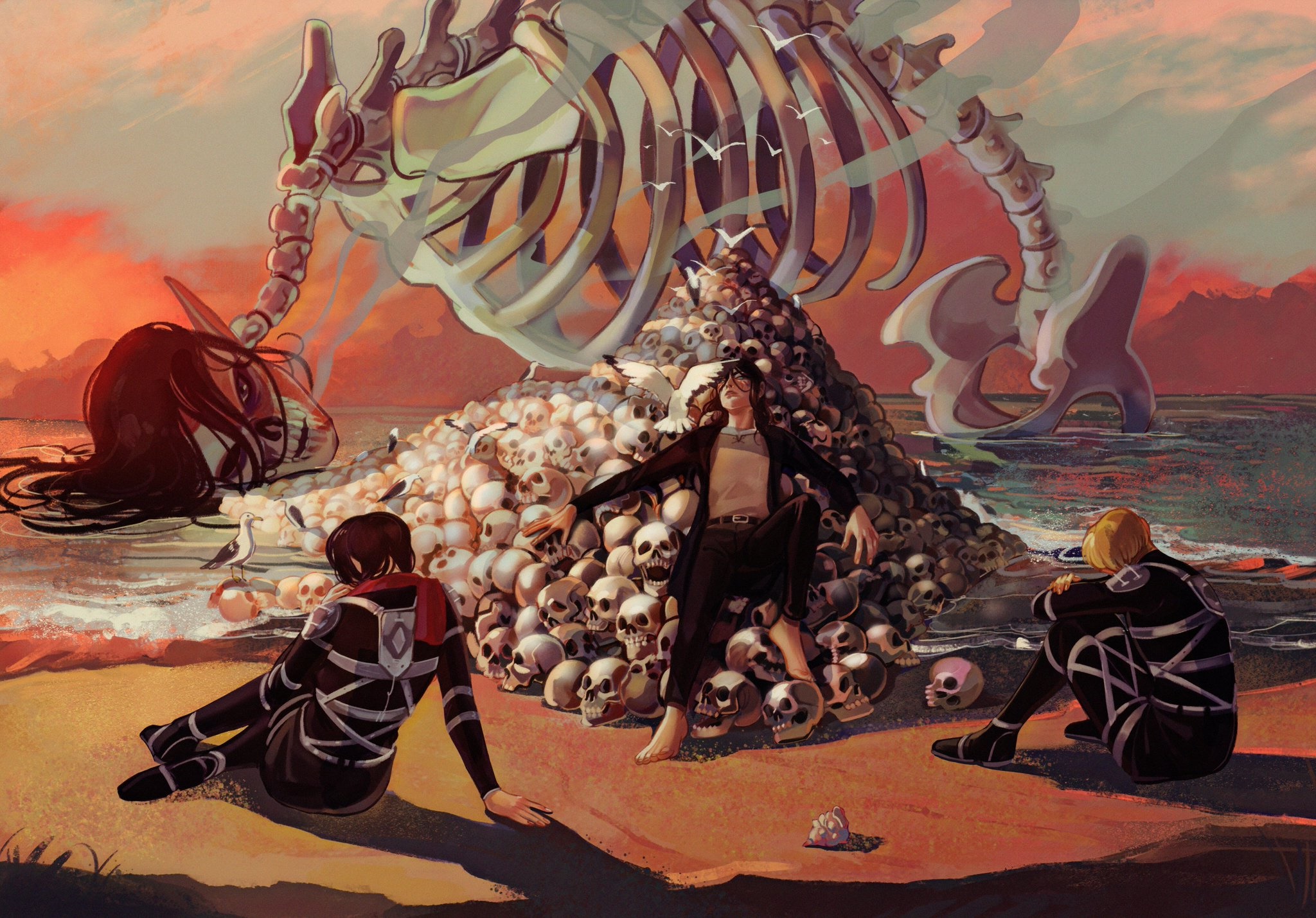 Mikasa, Armin, and Eren from Attack on Titan on a beach with skulls HD Wallpaper