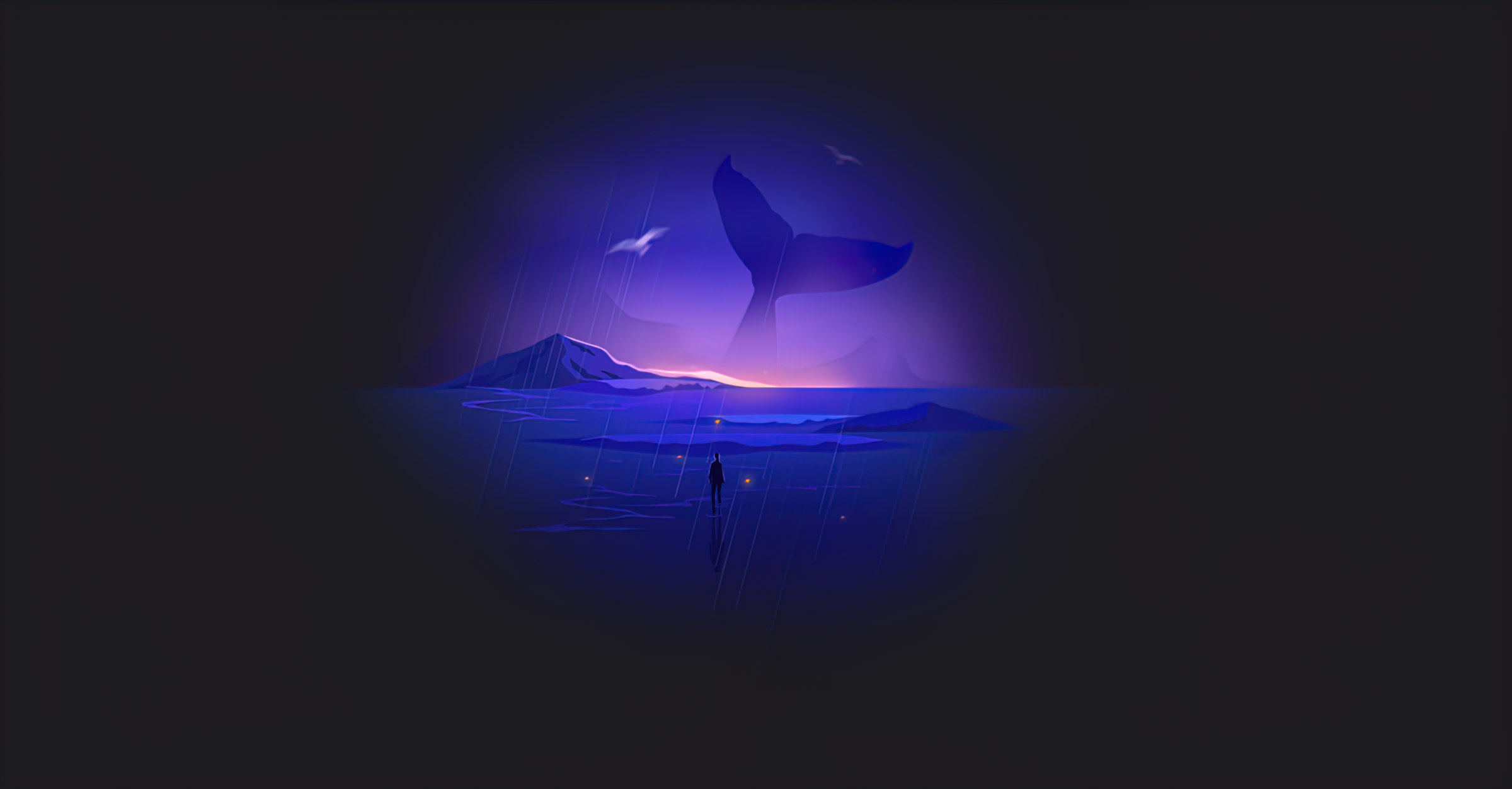 Whale tail in a purple ocean with a person HD Wallpaper