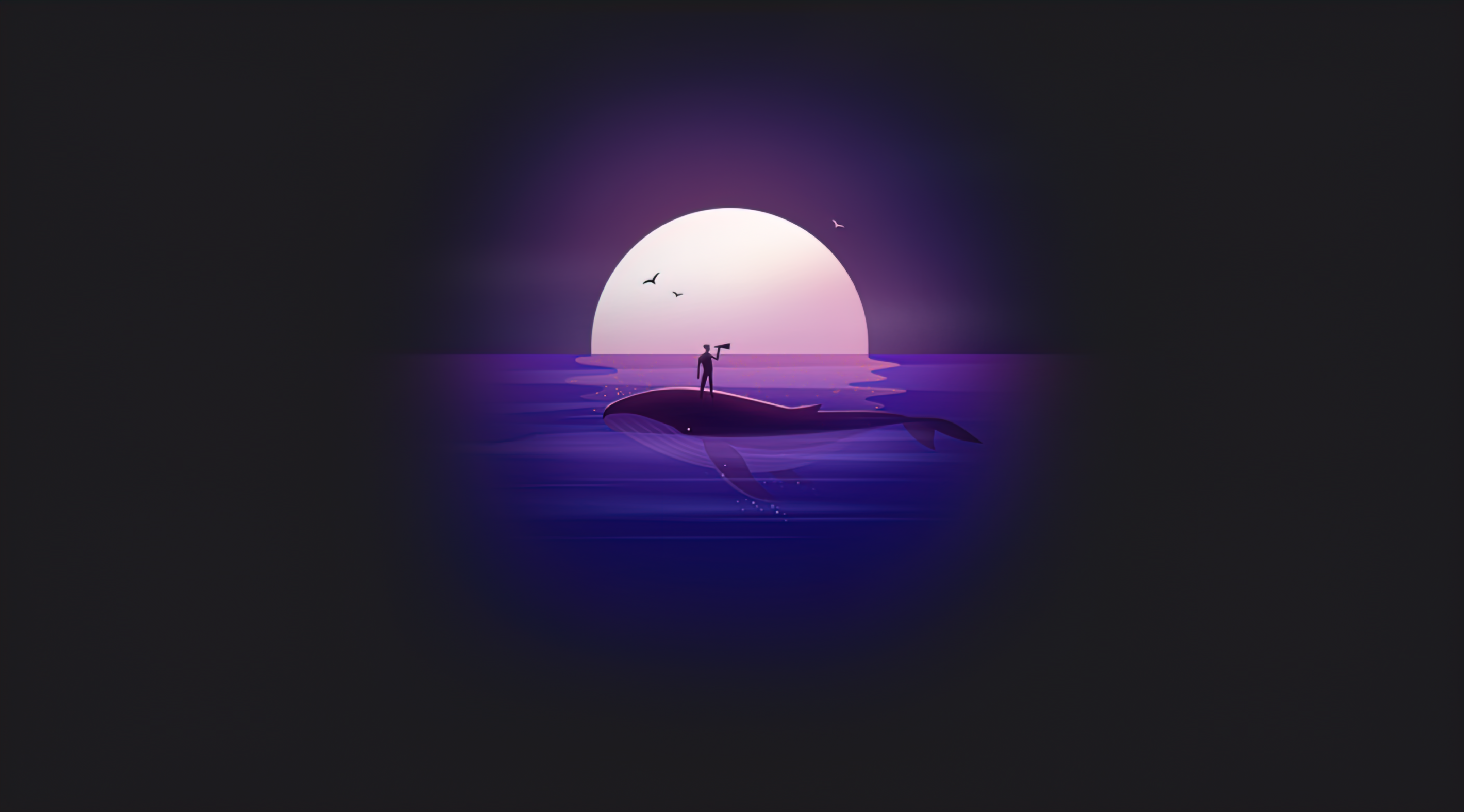 Man on whale looking through telescope at sunset HD Wallpaper