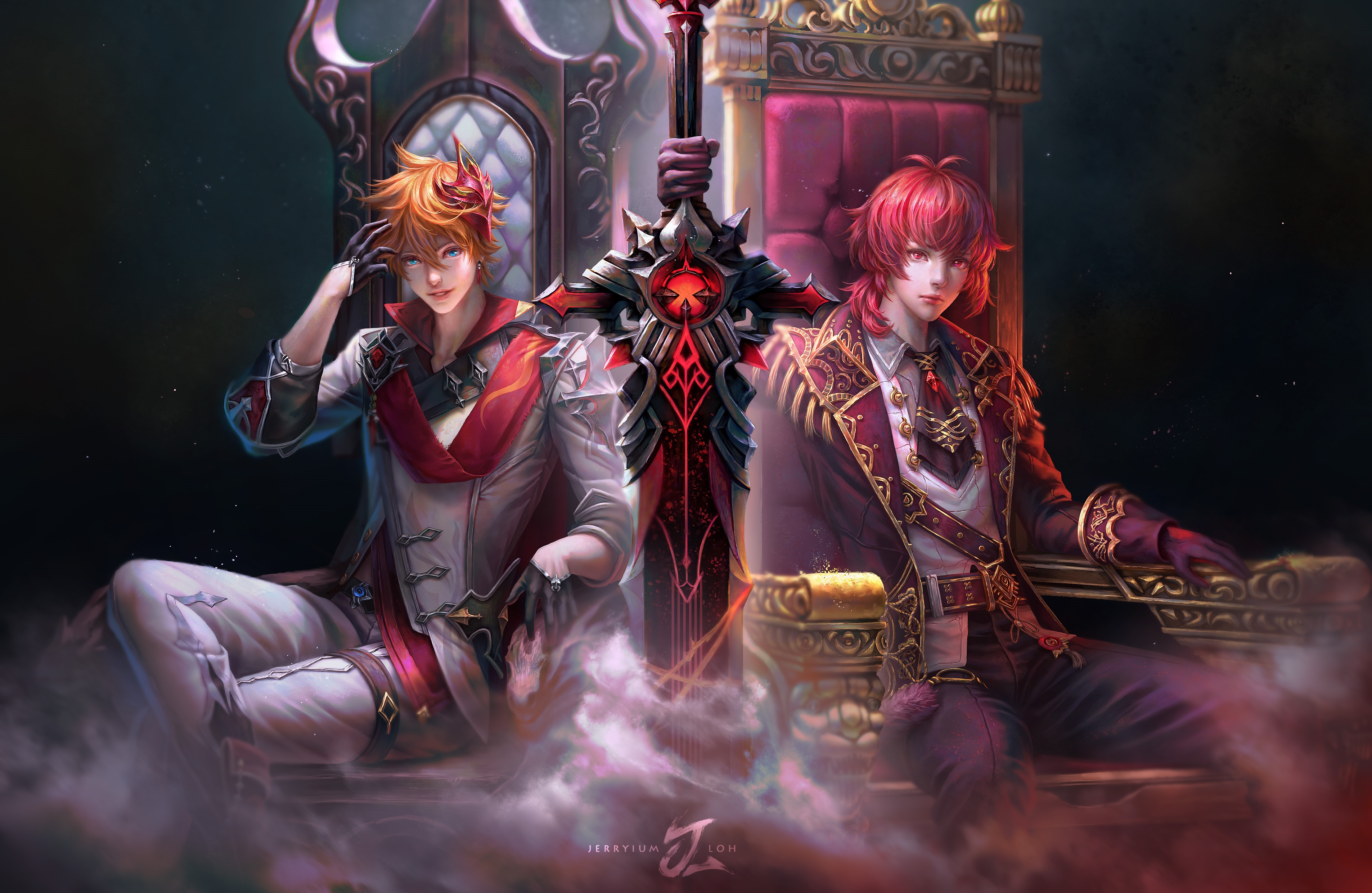 Diluc and Tartaglia from Genshin Impact sitting on thrones HD Wallpaper