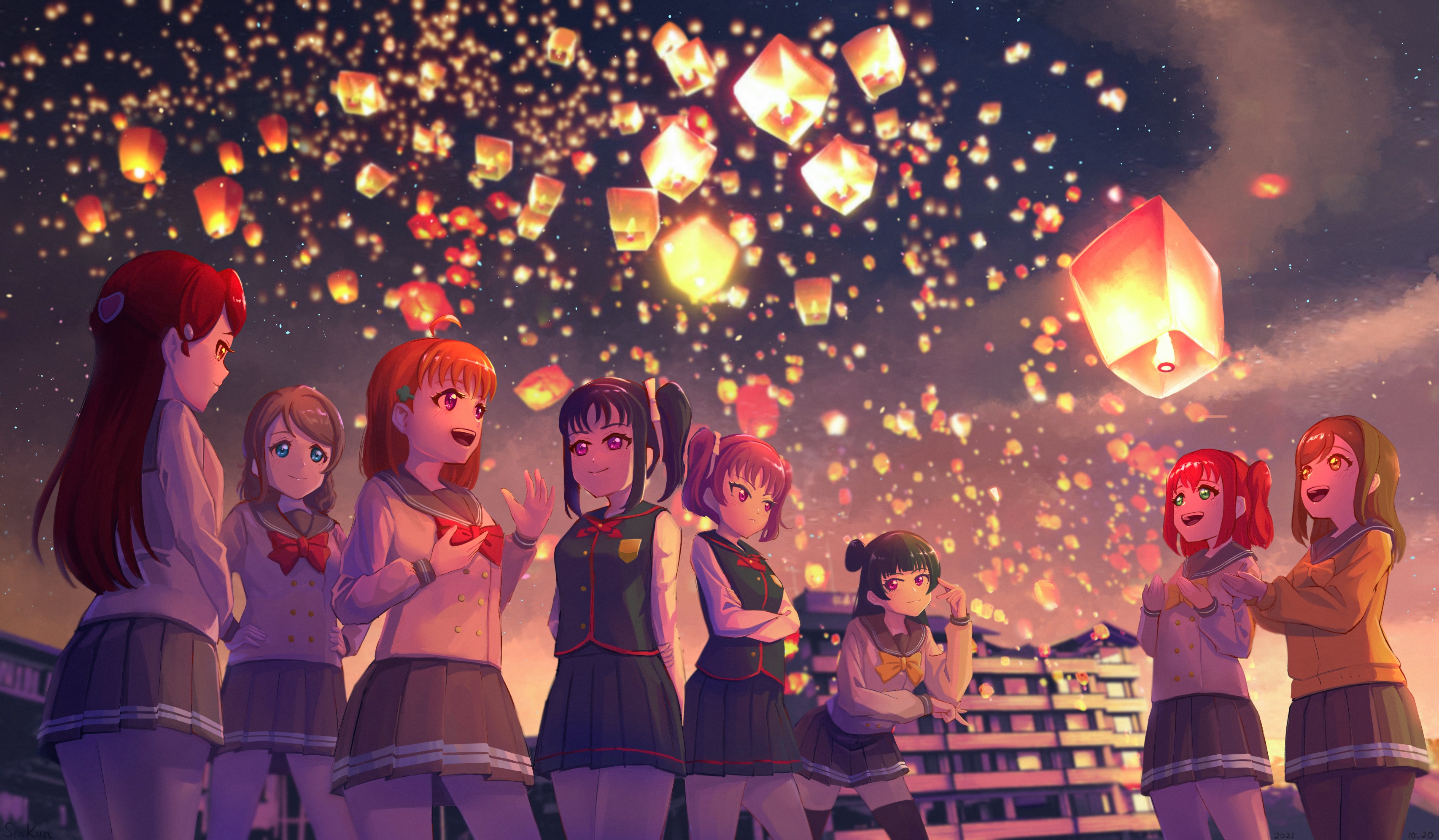 Love Live! Sunshine!! girls releasing sky lanterns HD Wallpaper