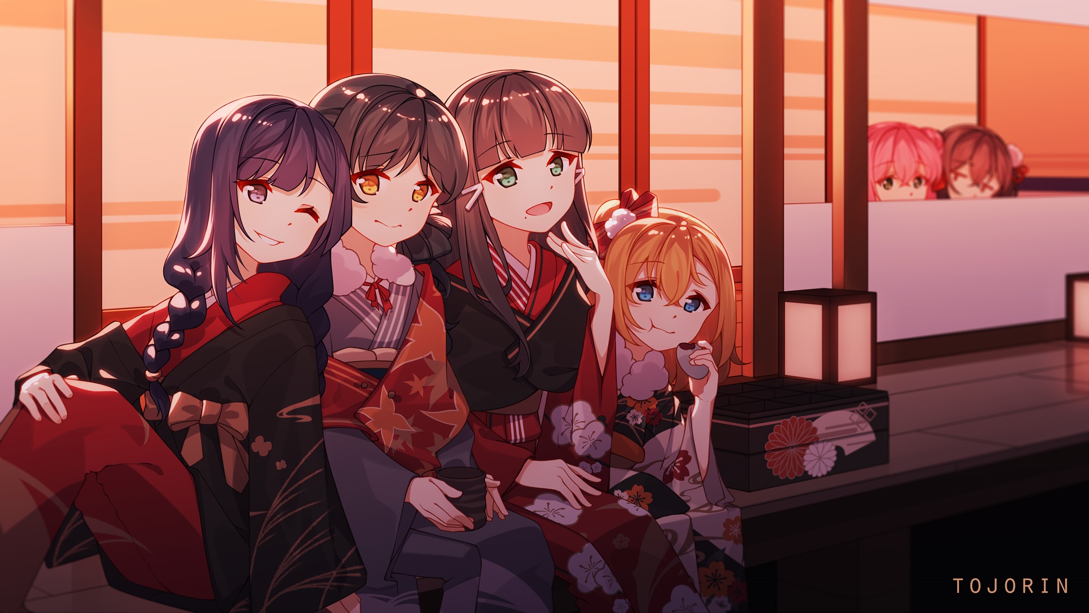 Anime girls in kimonos sitting indoors HD Wallpaper
