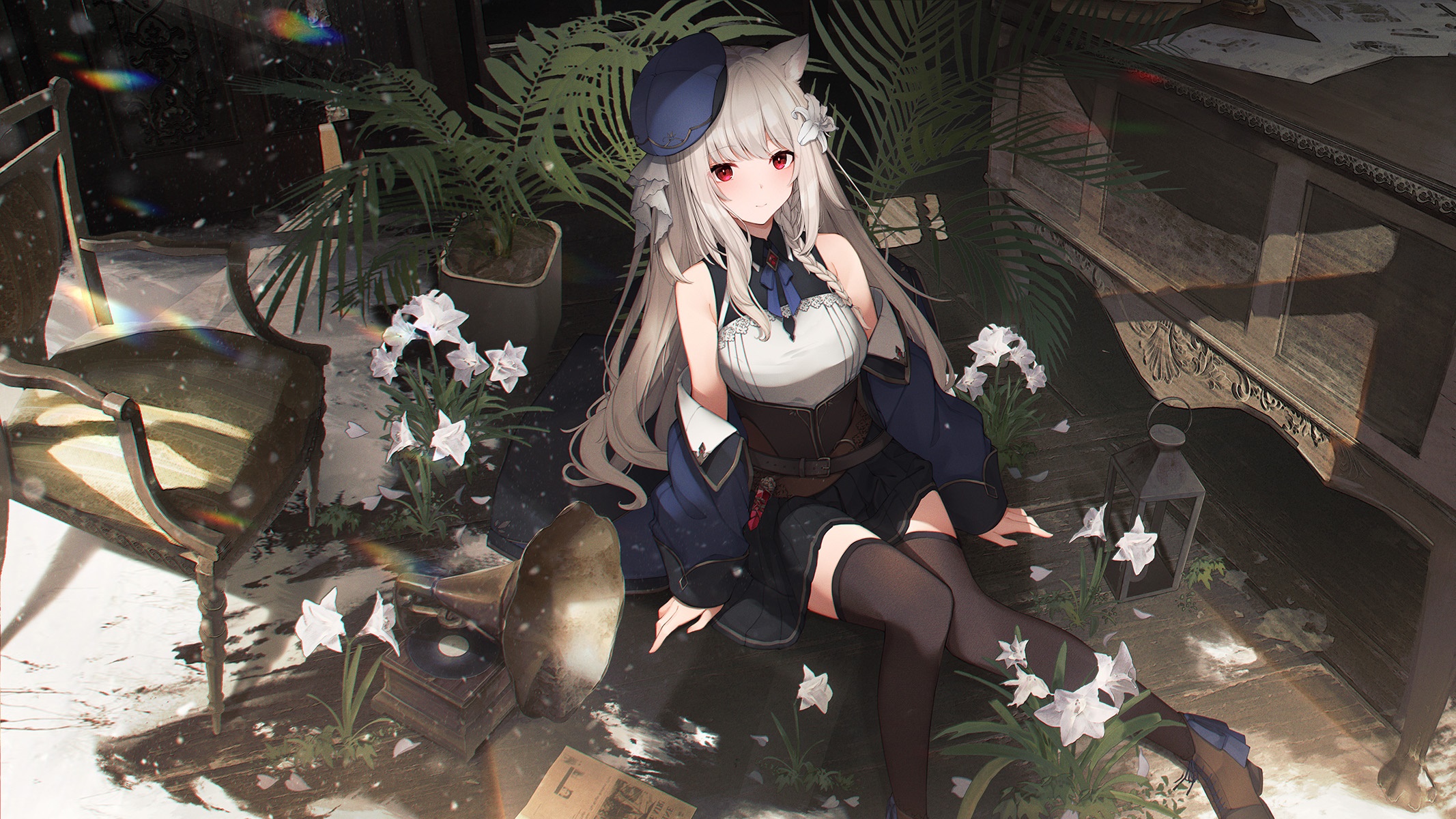 Anime girl with animal ears and red eyes sitting near flowers HD Wallpaper
