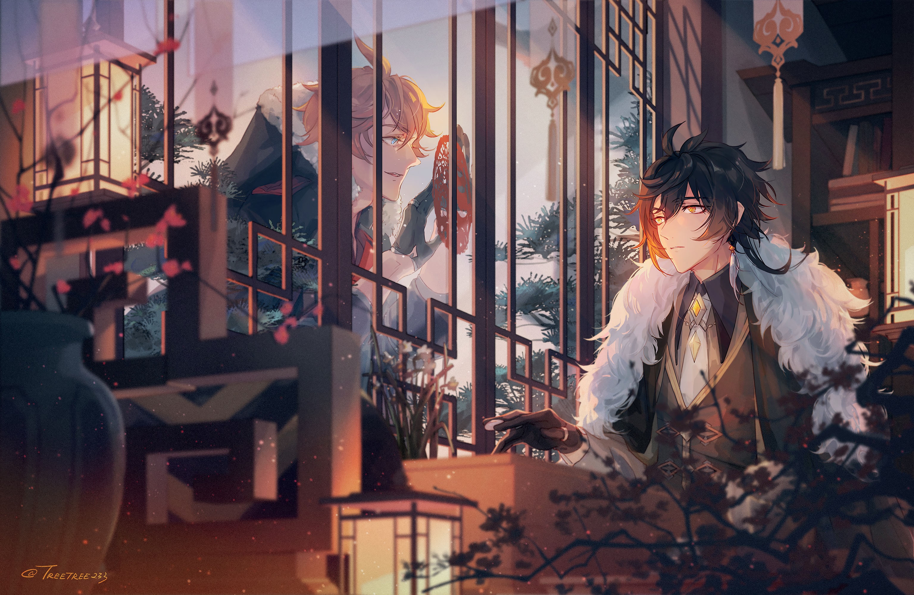 Tartaglia and Zhongli from Genshin Impact in a room HD Wallpaper