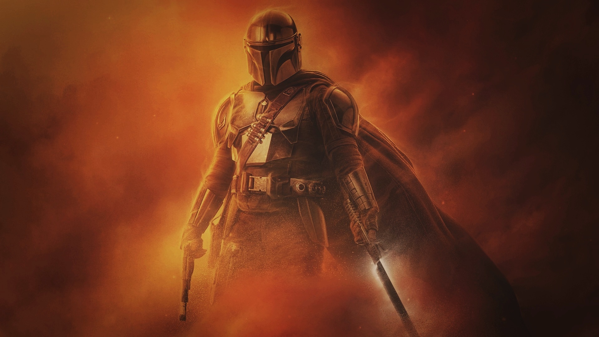 The Mandalorian with a lightsaber and blaster HD Wallpaper