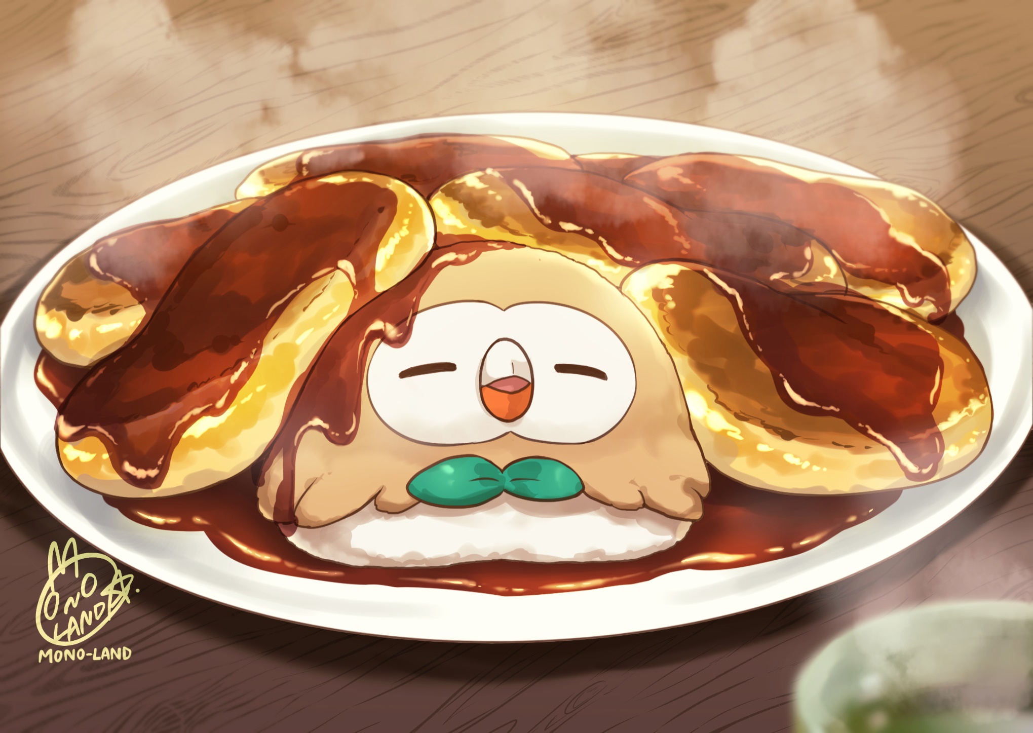 Rowlet from Pokémon Legends: Arceus on a plate of food HD Wallpaper