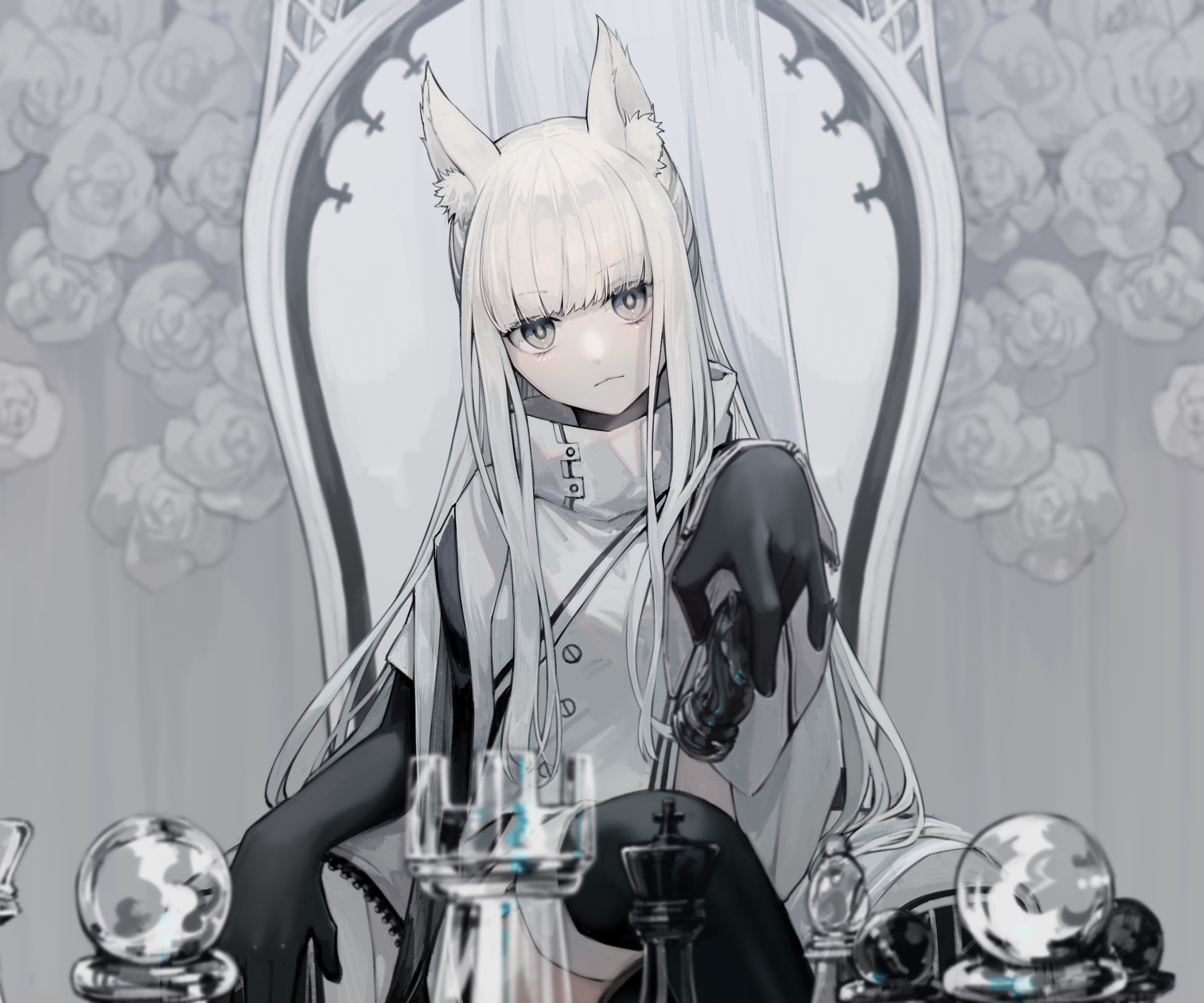 Platinum from Arknights sitting by a chessboard HD Wallpaper