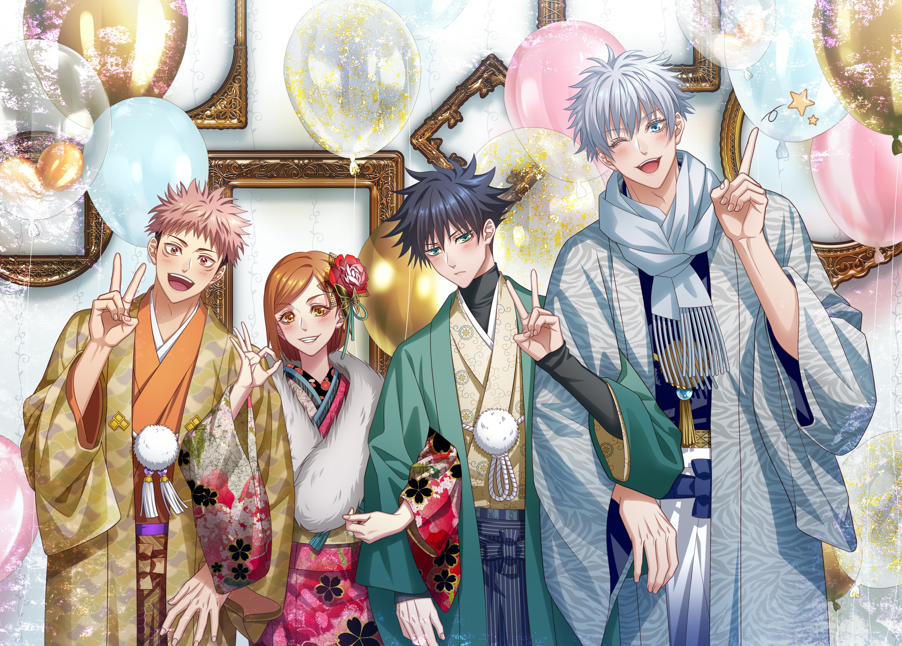 Jujutsu Kaisen characters in kimonos with balloons HD Wallpaper