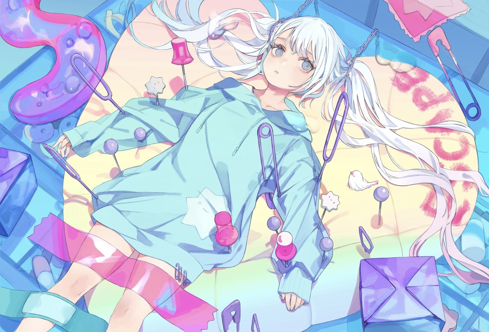 Girl with white hair and blue hoodie surrounded by pins HD Wallpaper