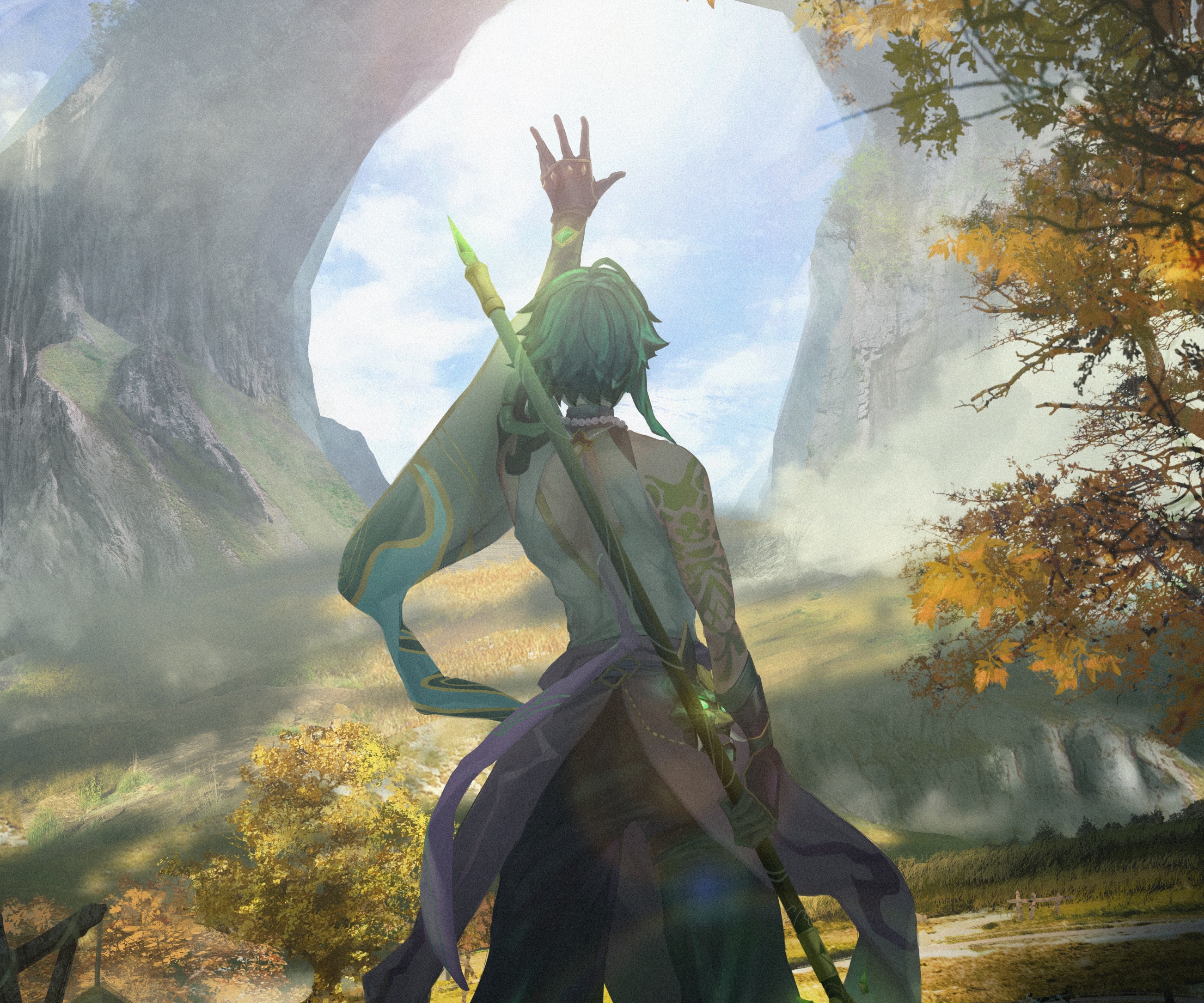 Xiao from Genshin Impact in a misty landscape HD Wallpaper
