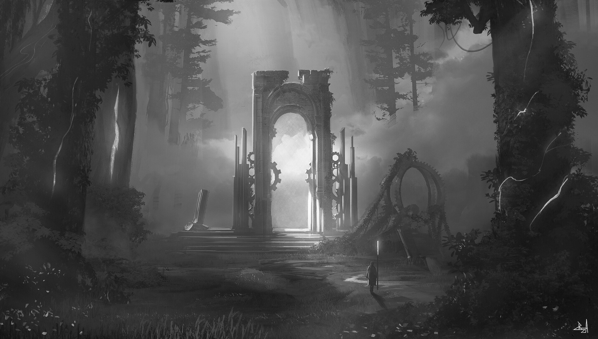 Fantasy Portal in Ruined Forest HD Wallpaper
