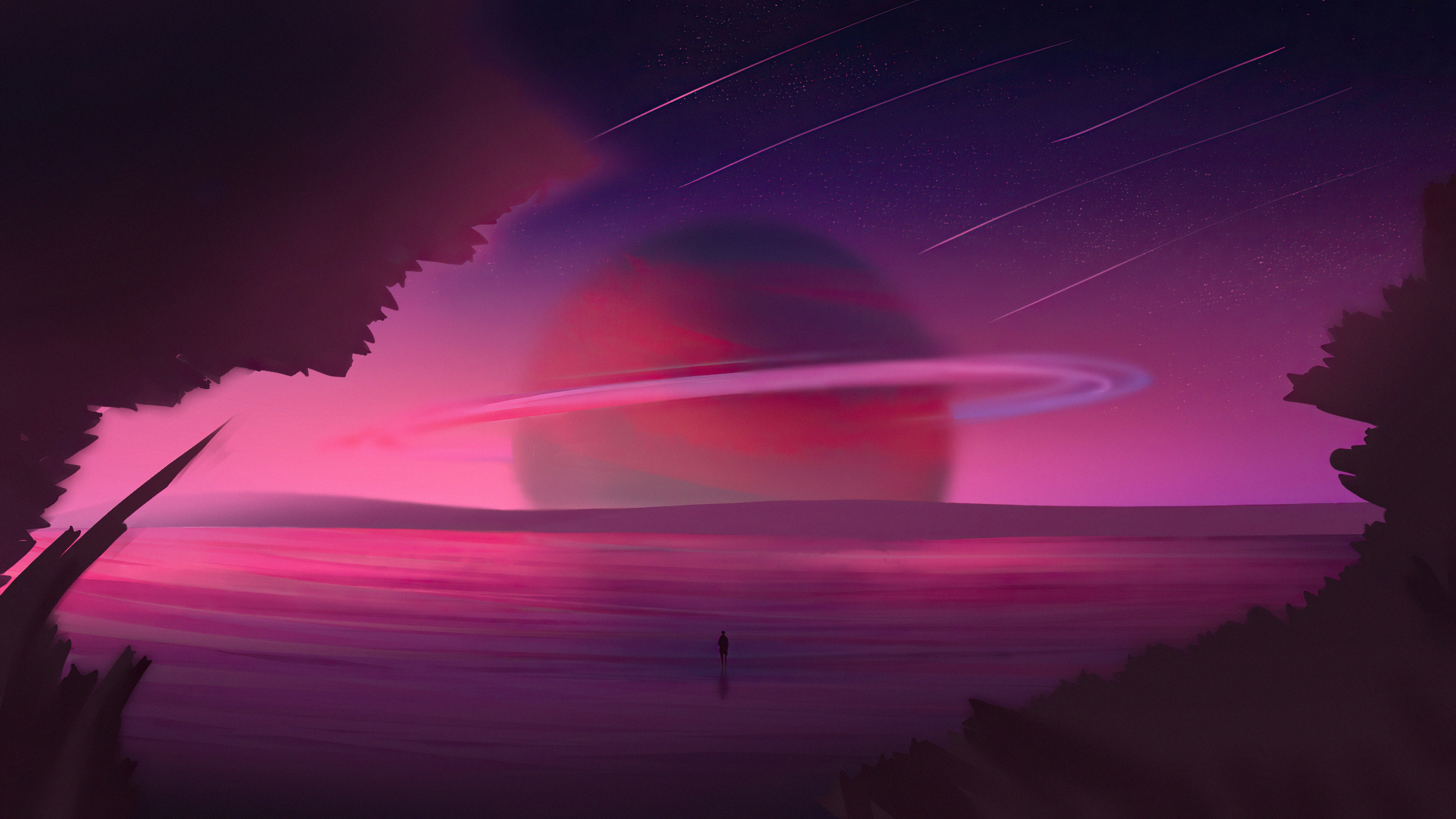 A lone figure stands on a shore looking at a ringed planet HD Wallpaper