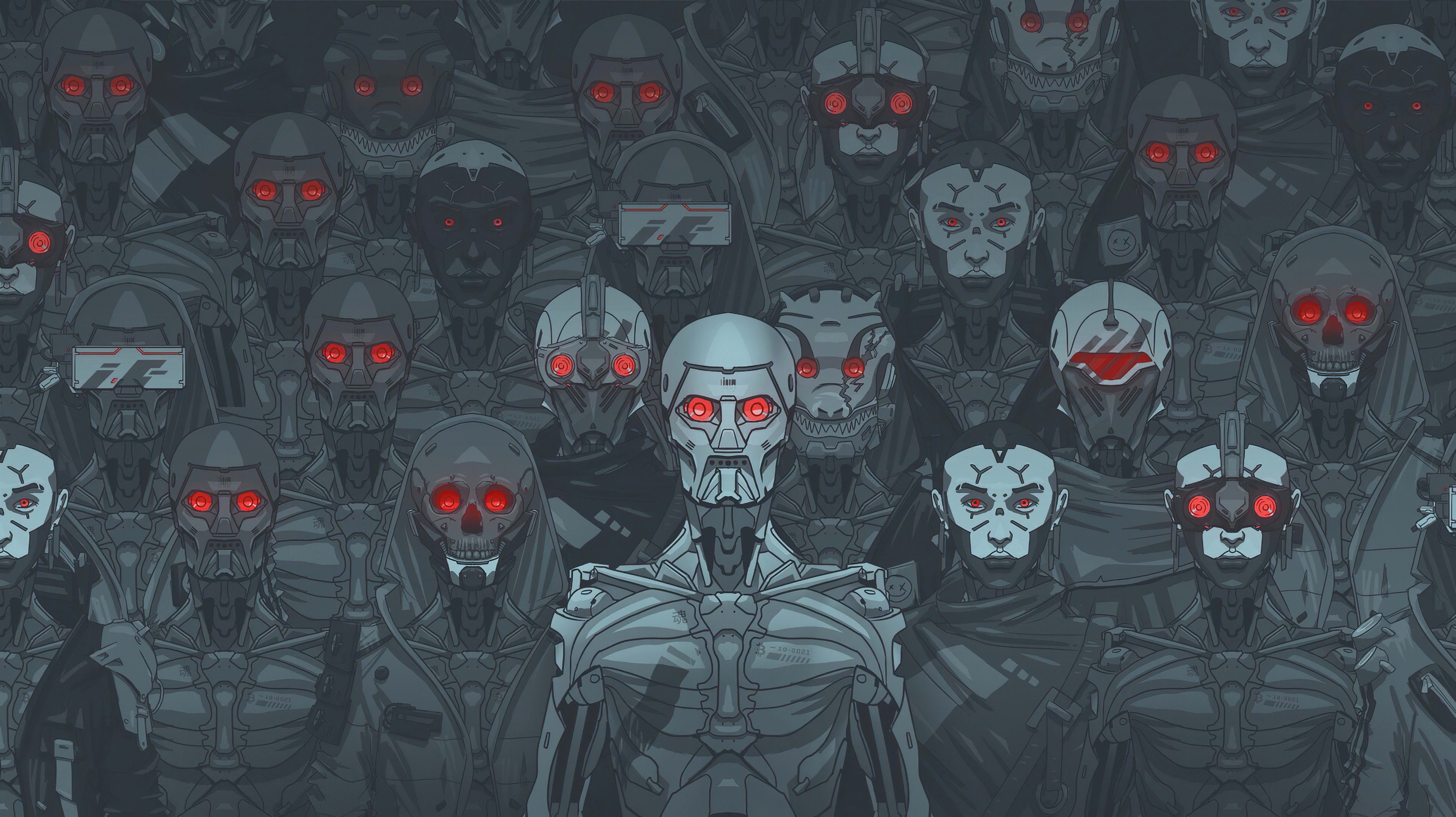 A crowd of robots with red glowing eyes HD Wallpaper