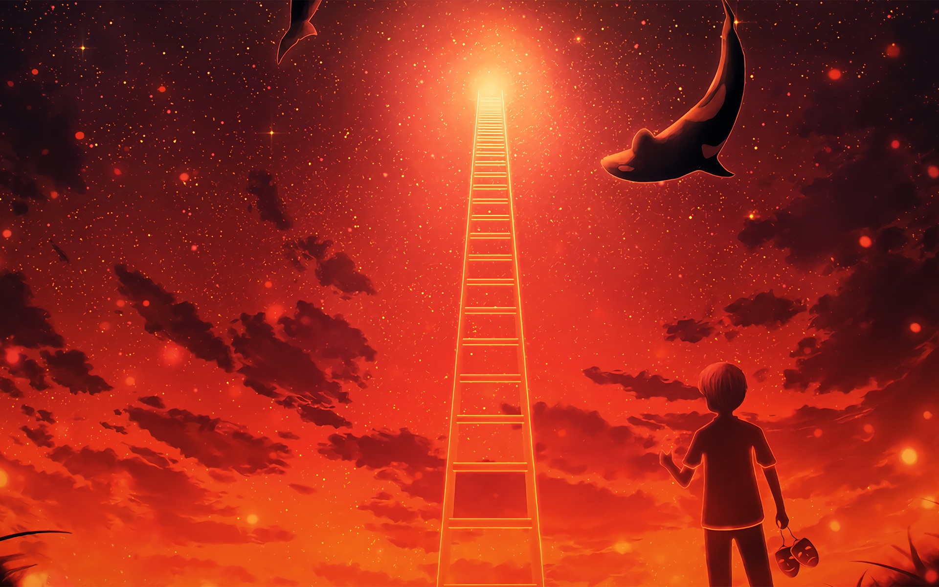 Boy with masks looking at a ladder to the sky HD Wallpaper