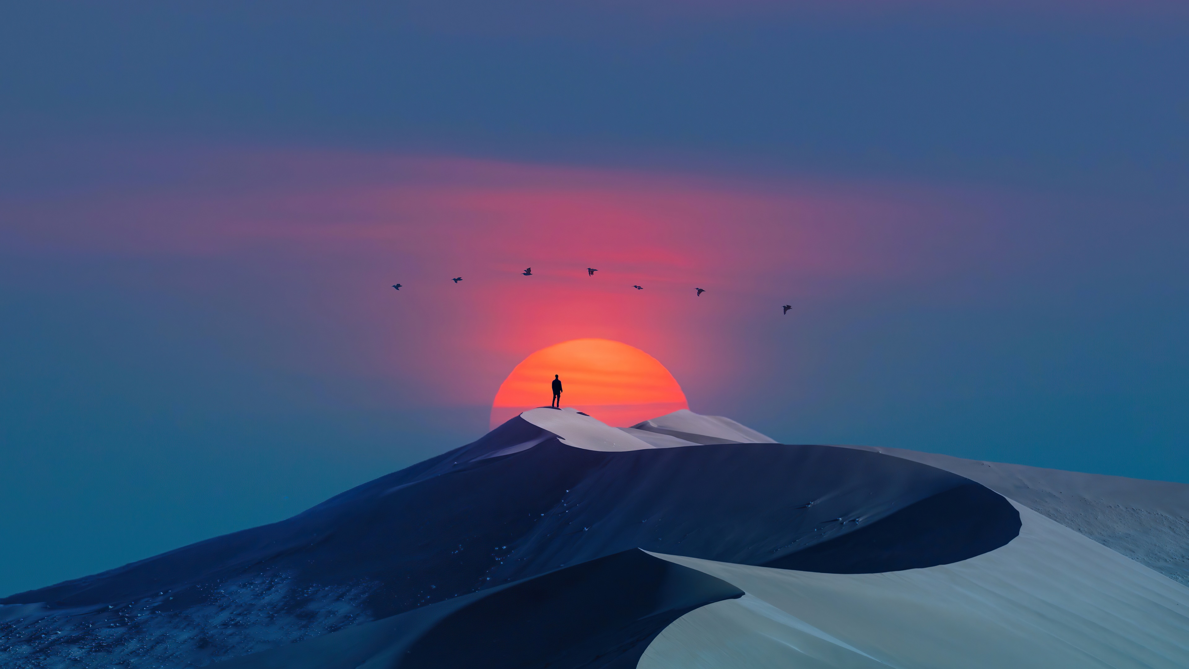 Silhouette of a person on a dune at sunset HD Wallpaper