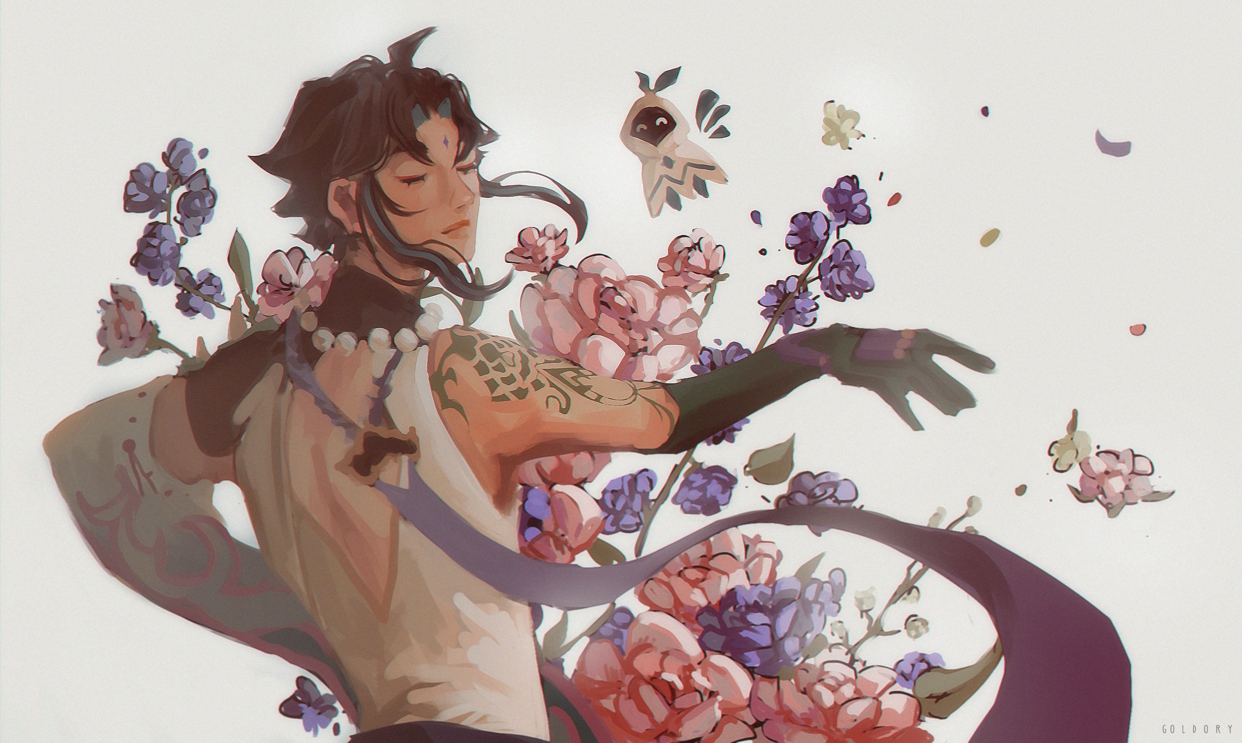Xiao from Genshin Impact with flowers HD Wallpaper