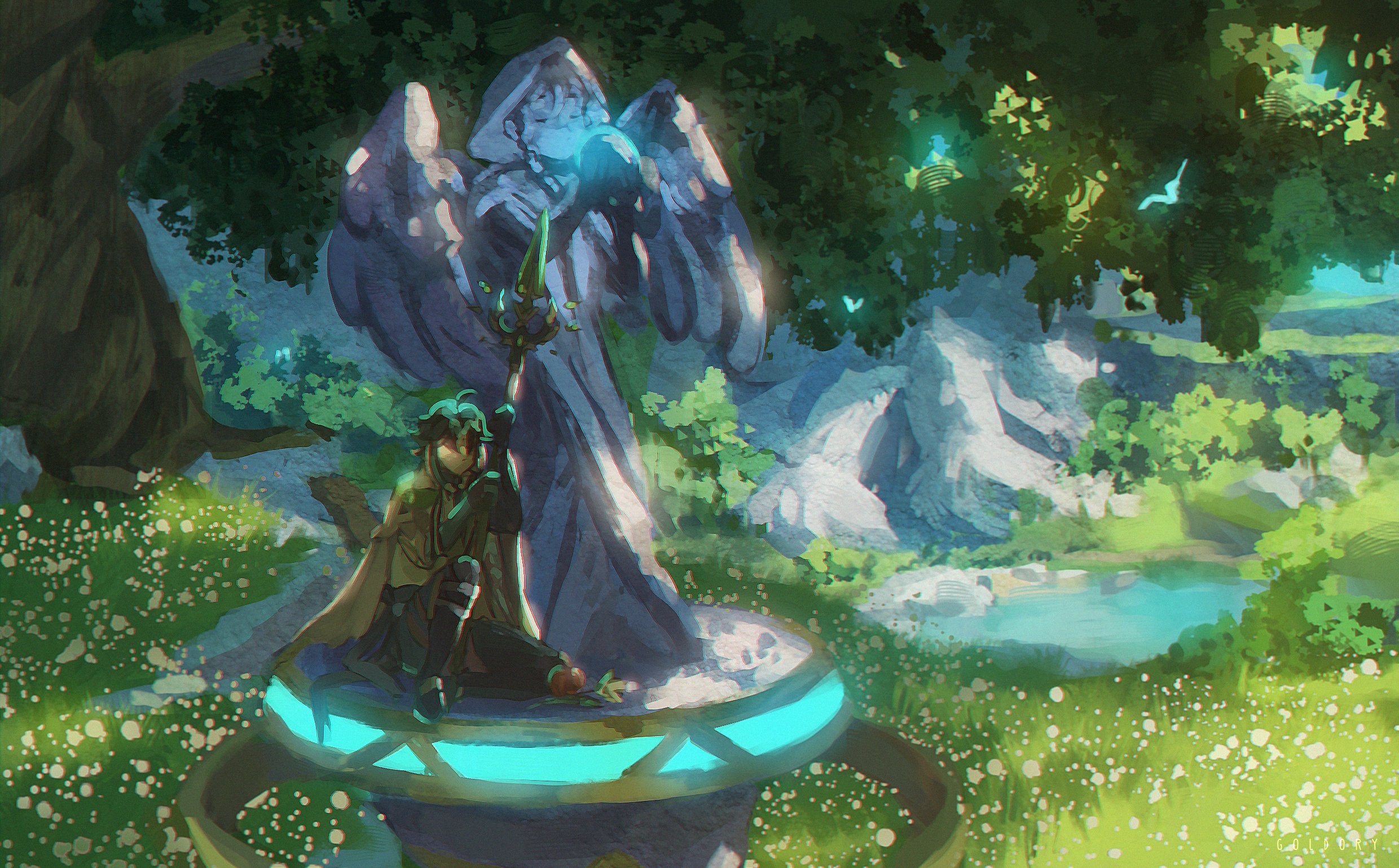 Xiao from Genshin Impact sitting by a statue HD Wallpaper