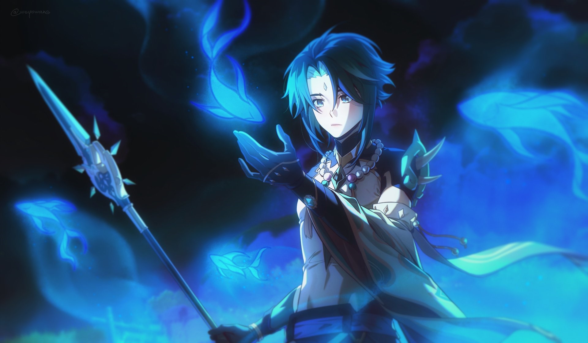 Xiao from Genshin Impact with blue spectral fish HD Wallpaper