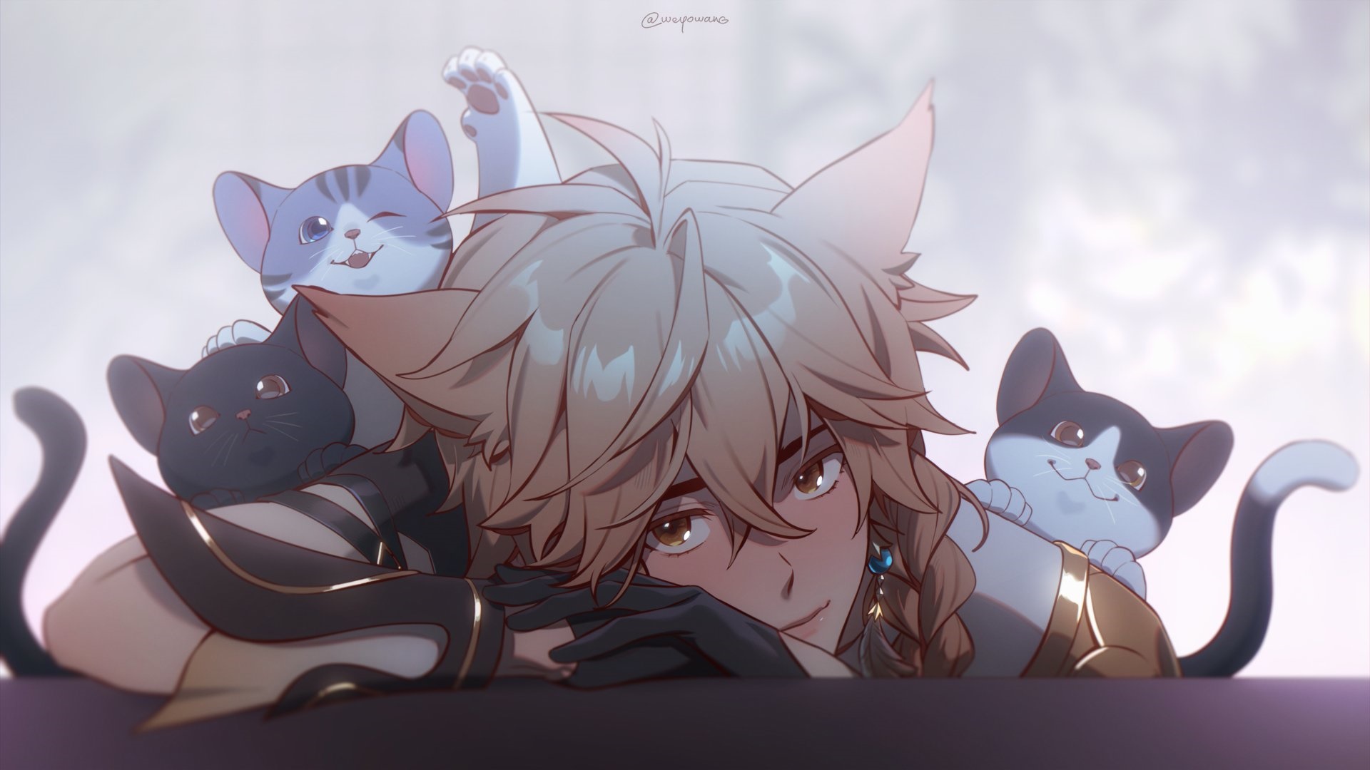 Aether from Genshin Impact with cats HD Wallpaper