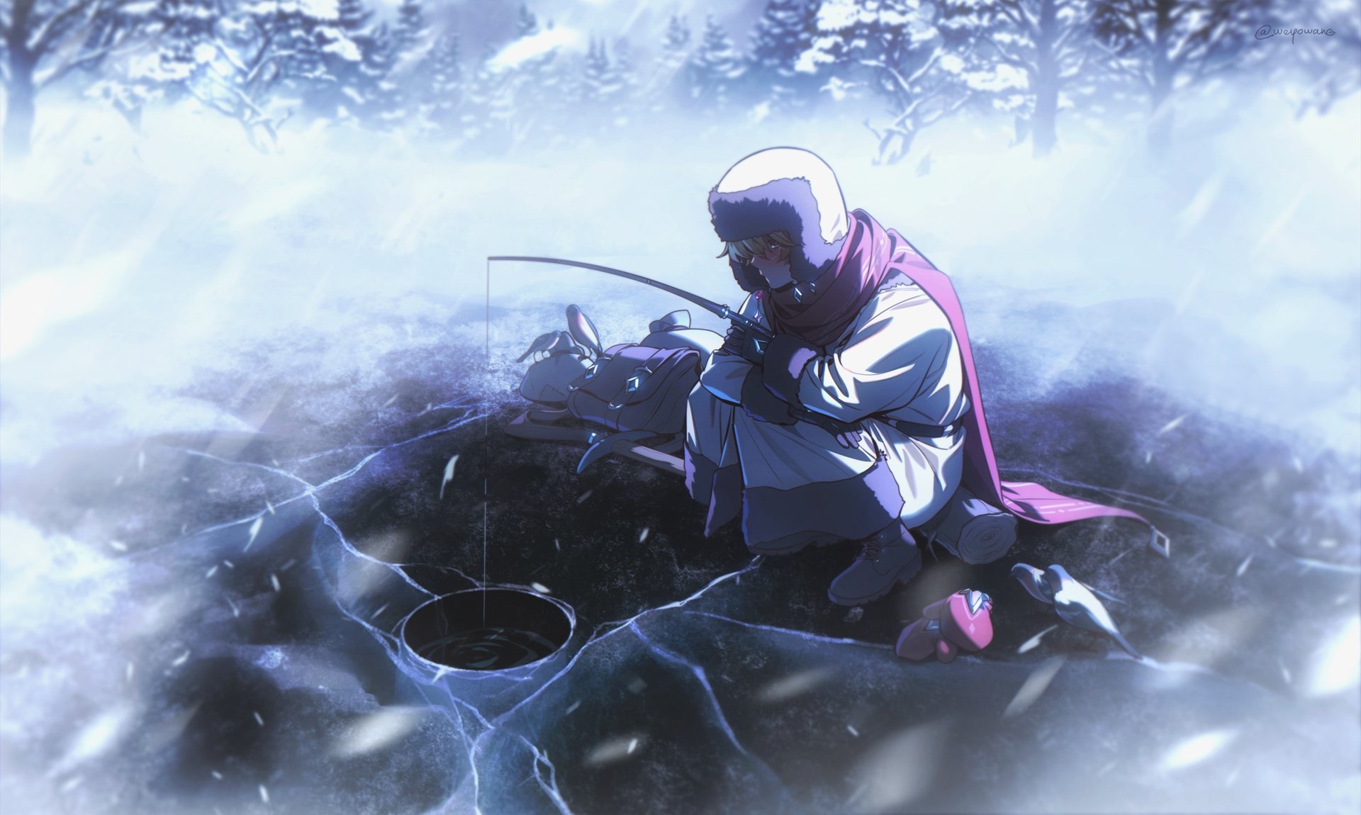 Childe Tartaglia fishing on ice from Genshin Impact HD Wallpaper